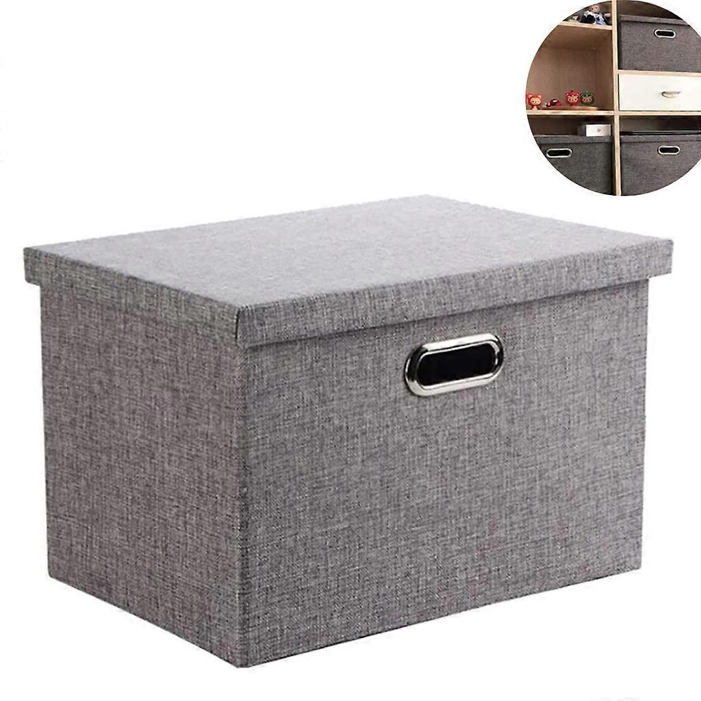 Collapsible Storage Box, Storage Box, Foldable Linen Cloth Clothes Storage Basket, with Lid, Grey