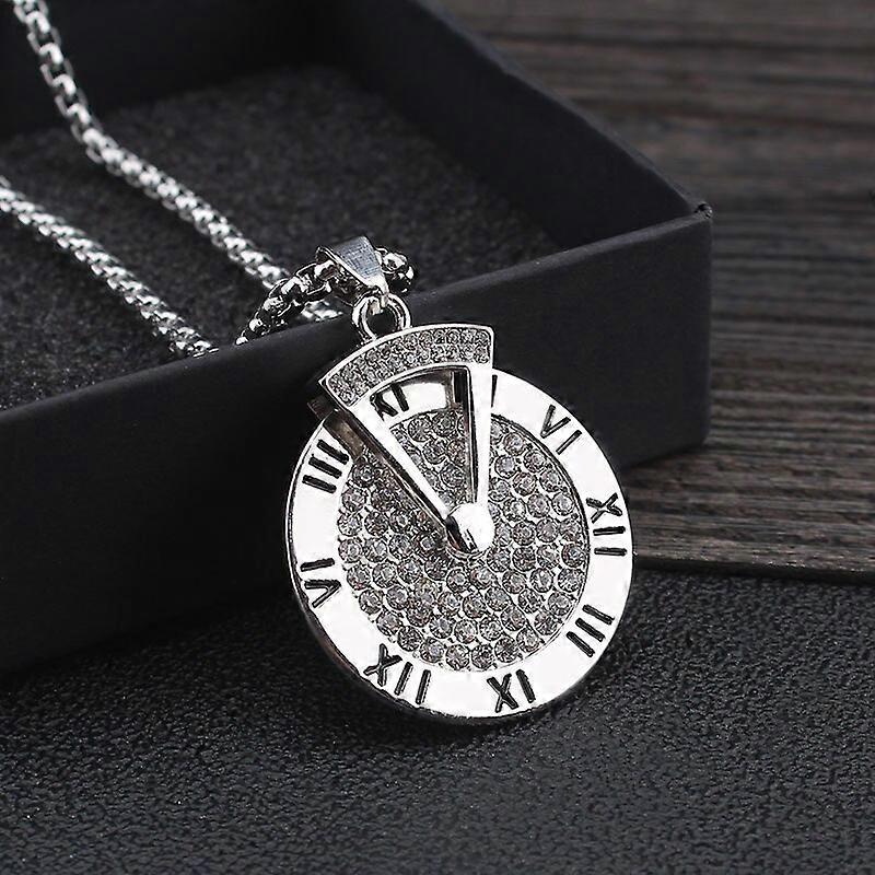 Couple Diamant Incrusté Roman Scale Digital Clock Dial Pendentif Amulette Female Rotation Décompression Pull Chaîne Bijoux Collier