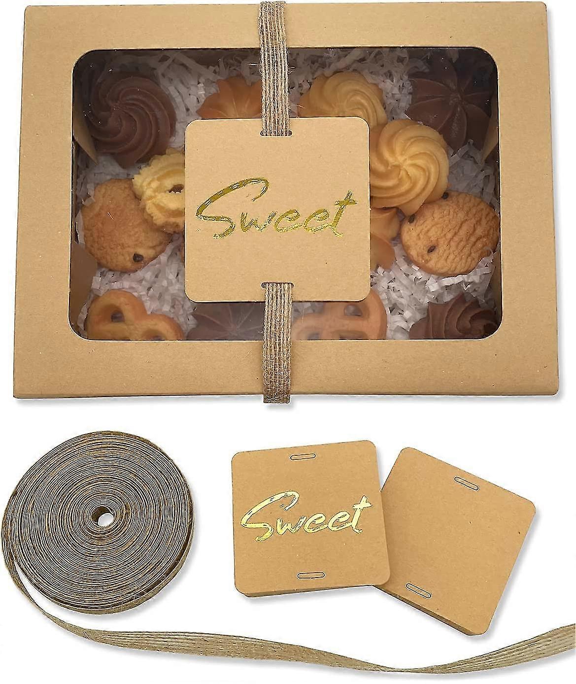 24 Pack Cookie Boxes With Window, 8" X 6" X 2.5" Auto-popup Backey Treat Box For Cupcakes Candy Pastry Dessert Packing Plus Tags And Linen Ribbon Brow