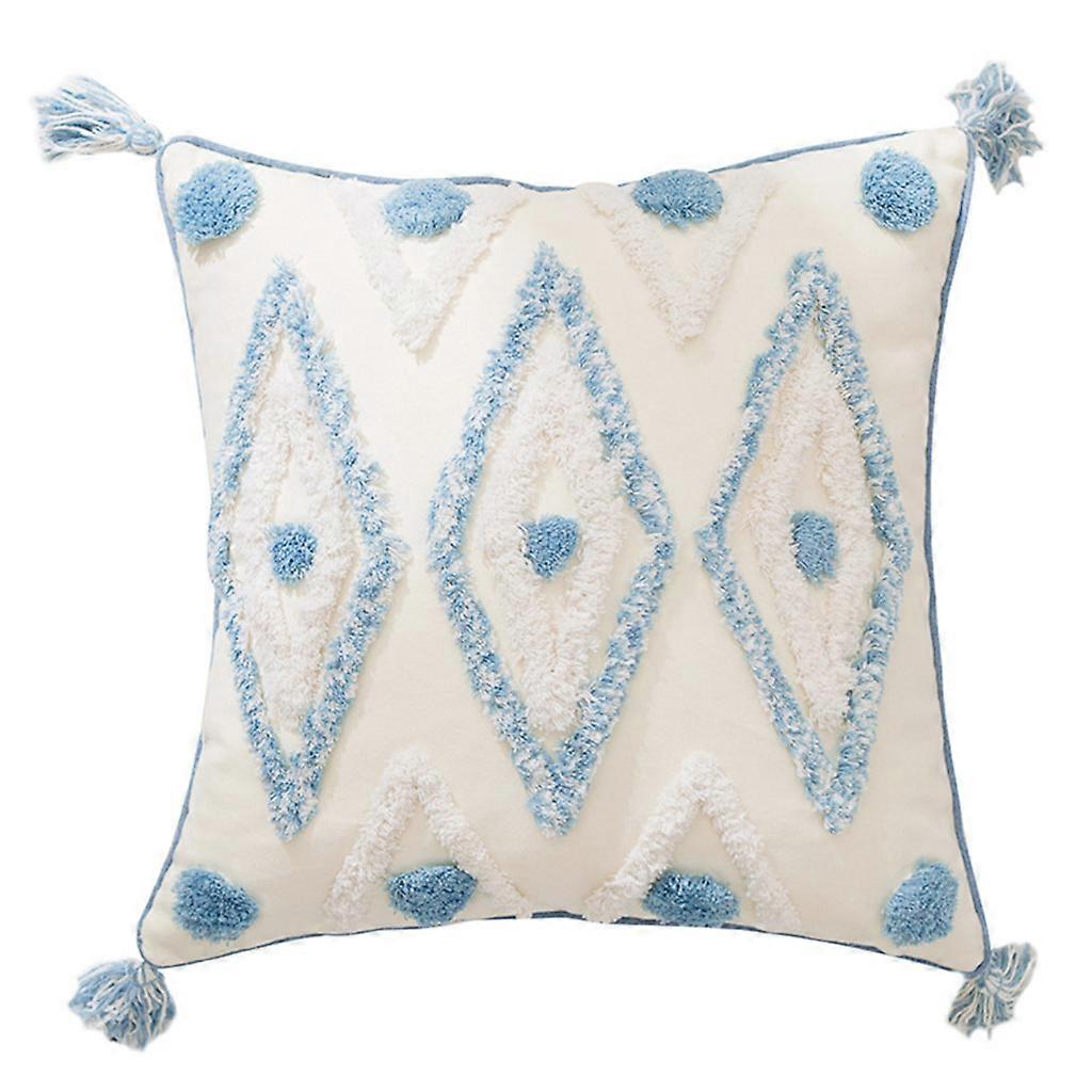 Moroccan Tassel Pillow for Case Woven Tufted Blue Cream Diamond Pompom Cushion C