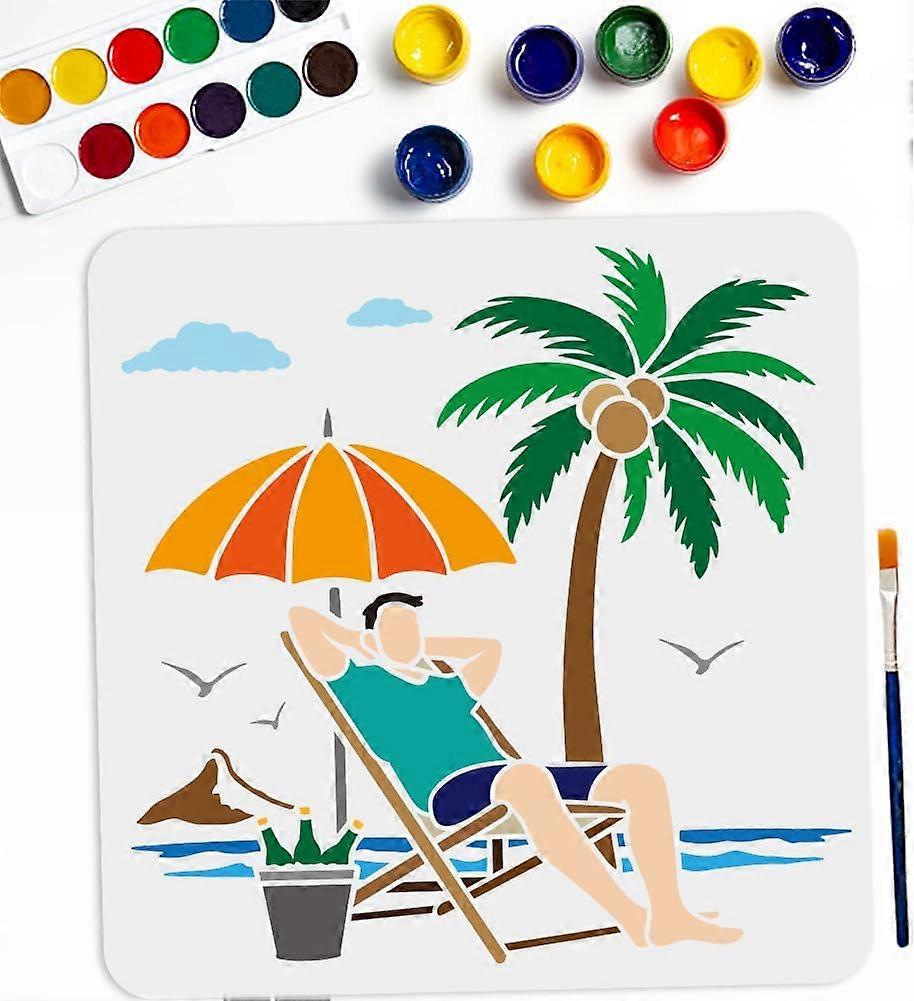 Summer Beach Vacation Stencil 11.811.8inch Large Sea Coconut Tree Stencils with Paint brush Ocean Hawaii Seagulls Clouds Waves Template for DIY Craft