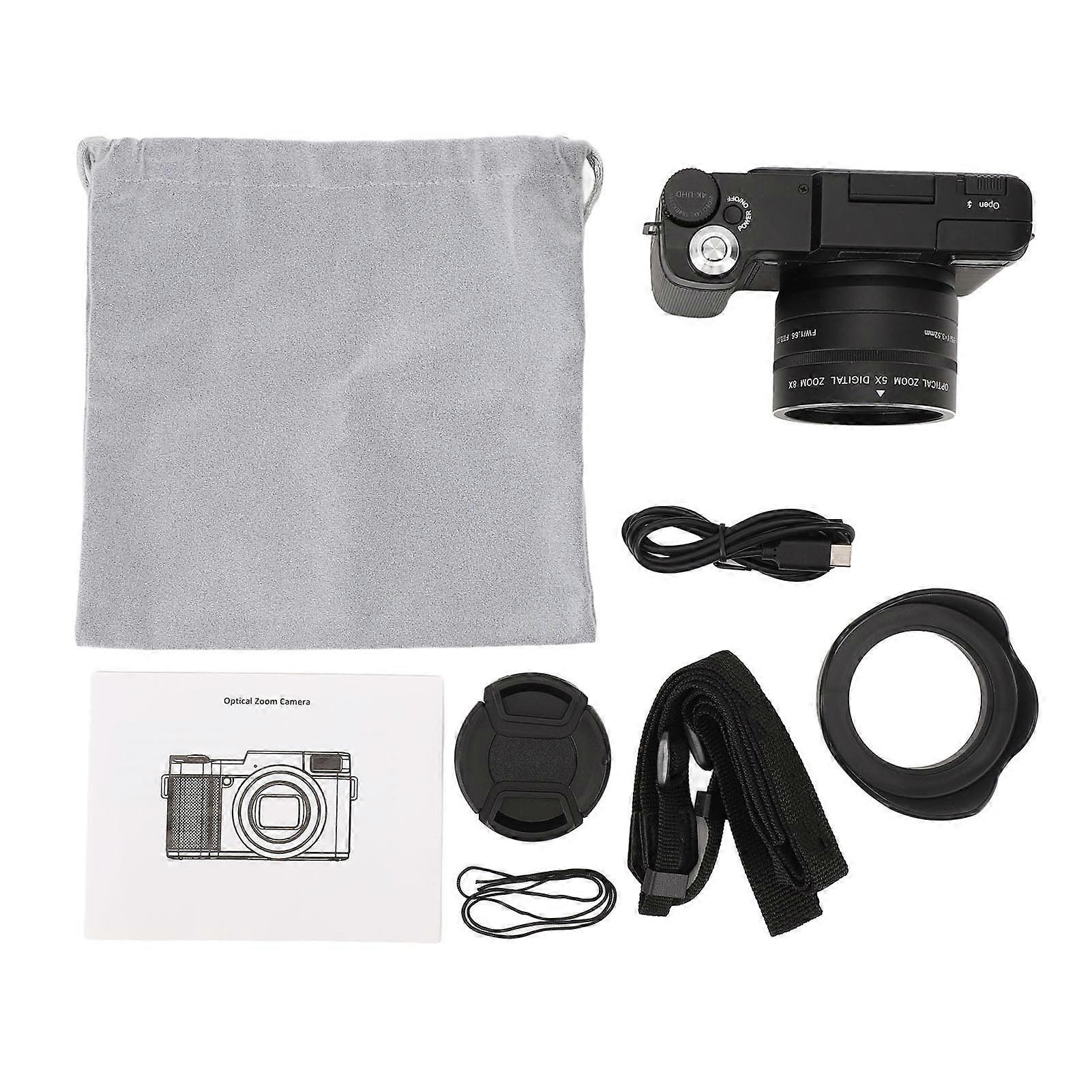 4K Digital Camera 48MP HD 5X Optical Zoom 8X Digital Zoom Autofocus Vlogging Camera with 3.0 Inch Flip Screen Lens Cap Hood for Travel