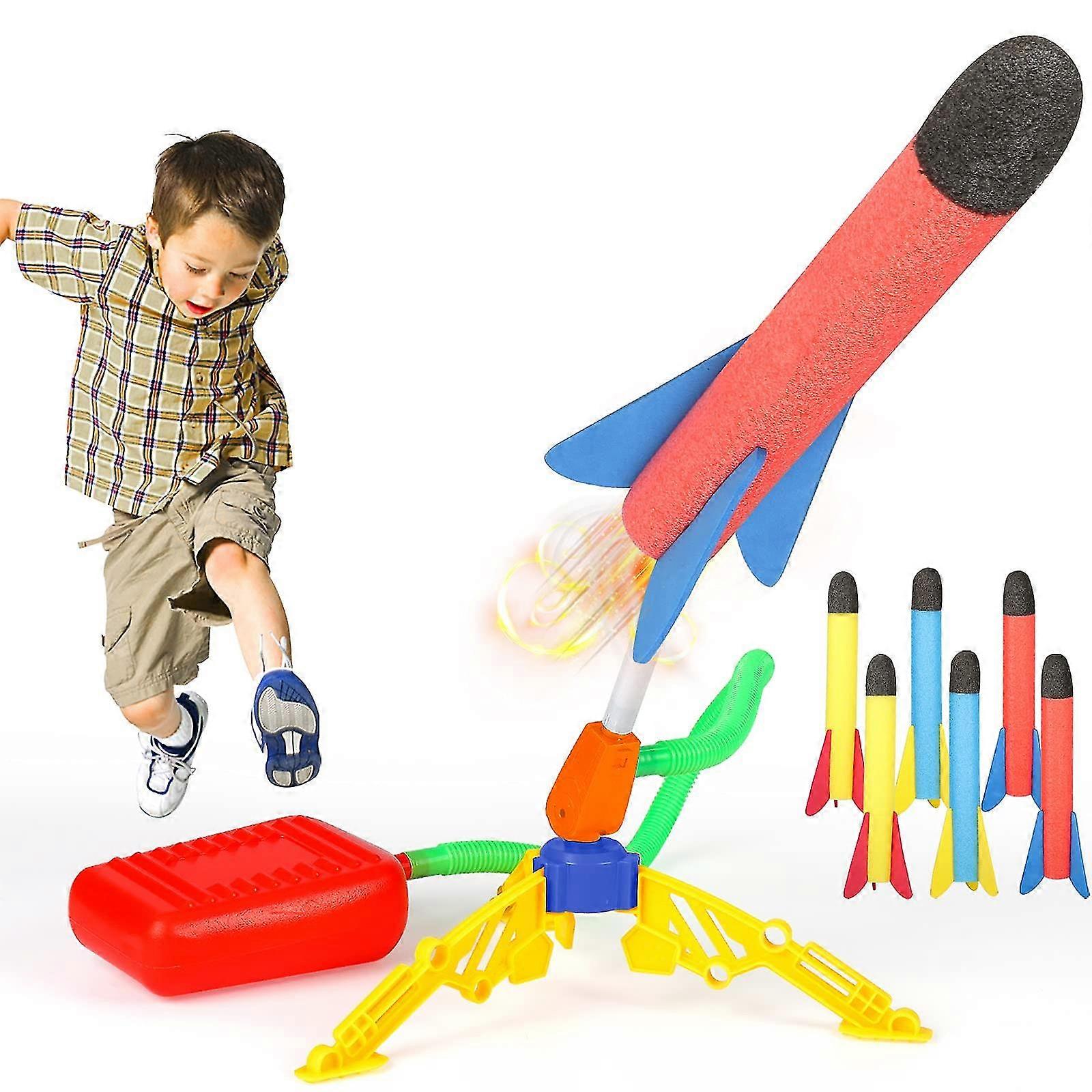 משגר טילים לילדים יורה עד 120 מטרים עם משגרי Stomp חסונים 6 טילי קצף צבעוניים כיף צעצוע חיצוני לילדים צעצוע מתנה לבנים Gi