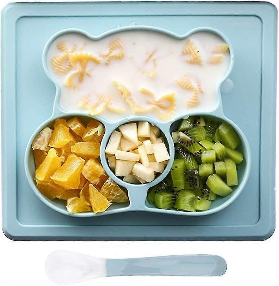 Non-slip Silicone Plates Suction Plate Placemat Tableware Bowl Feeding Plate With Baby Spoon Blue