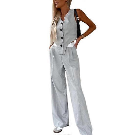 2 Pcs/Set Women Top Pants Suit Sleeveless V Neck Single-breasted Irregular Waistcoat Elastic High Waist Wide Leg Trousers Solid Color Formal