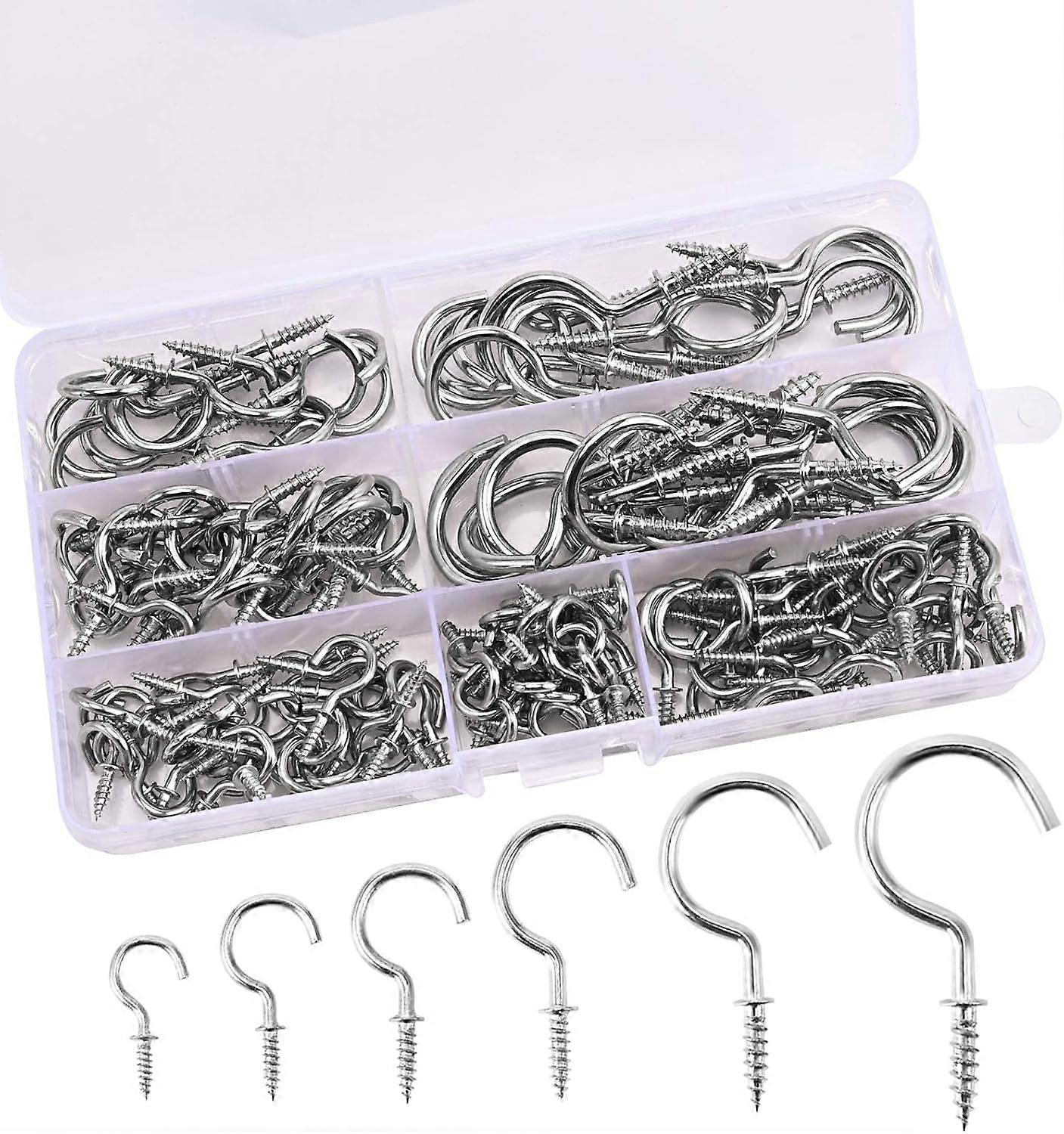 Screw in Hooks, 150 Pieces Screw in Hooks, 7 Sizes of Screw in Hooks with Storage Box, for Tea Cup, Plant, Light, Home Office