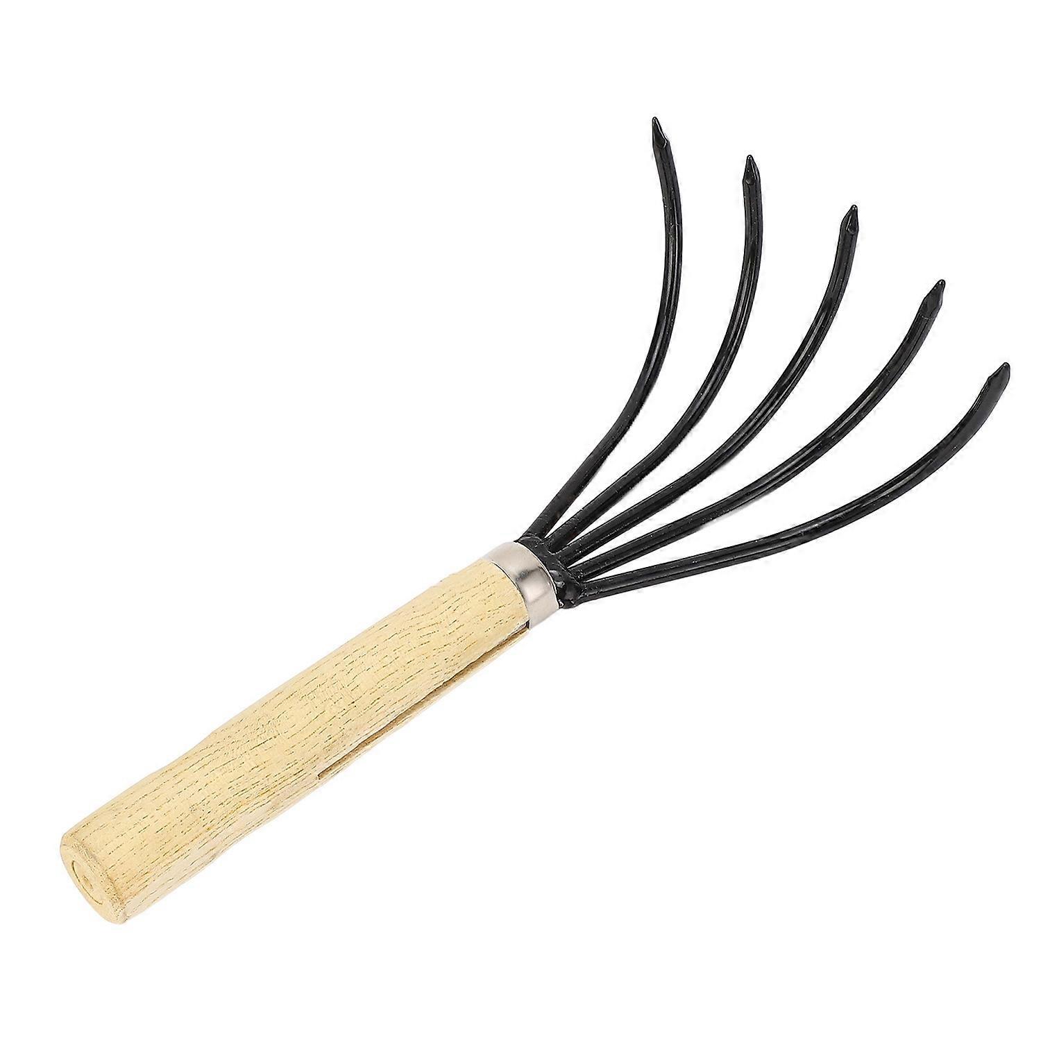 Garden Hand Rake 5 Steel Tines Wooden Handle Ergonomic Design Claw Cultivator for Tilling Loosening