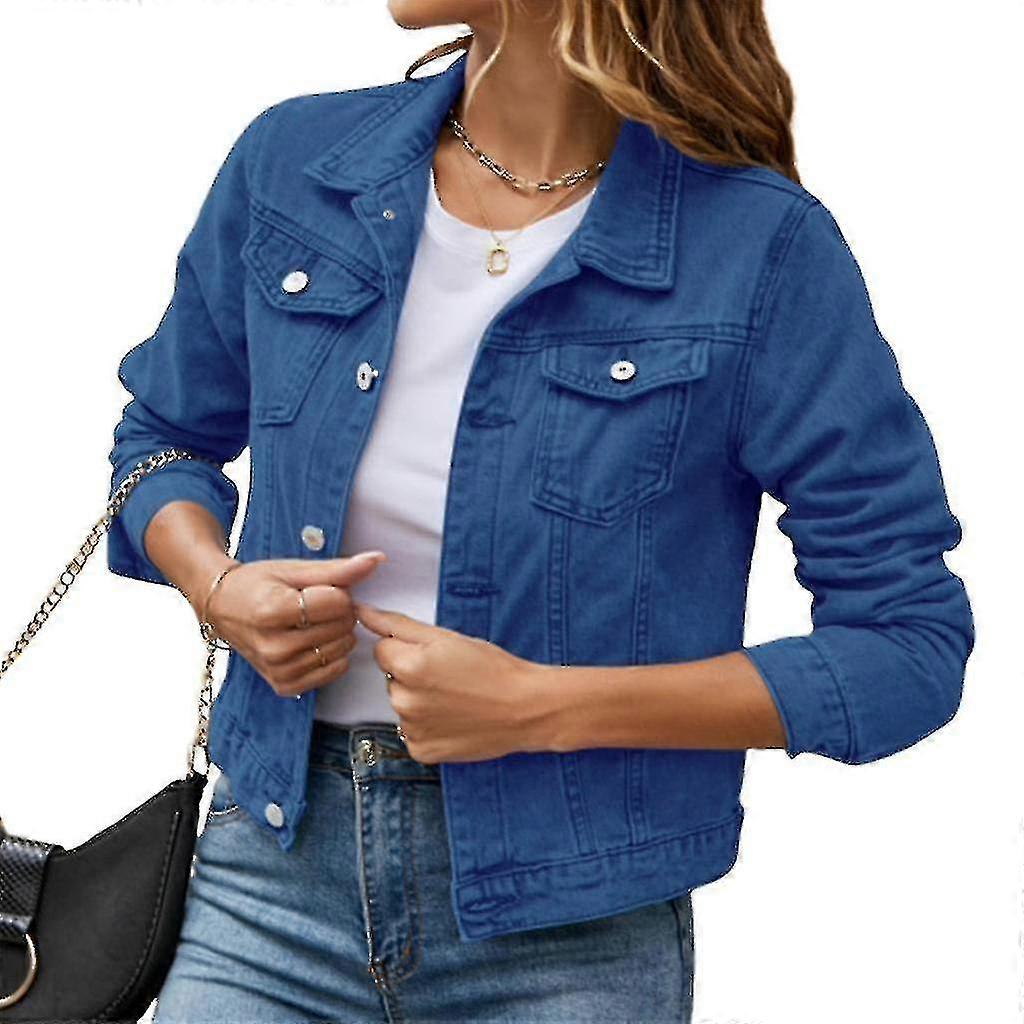 Women's Cropped Denim Jacket, Button-Down Long Sleeve with Pocket
