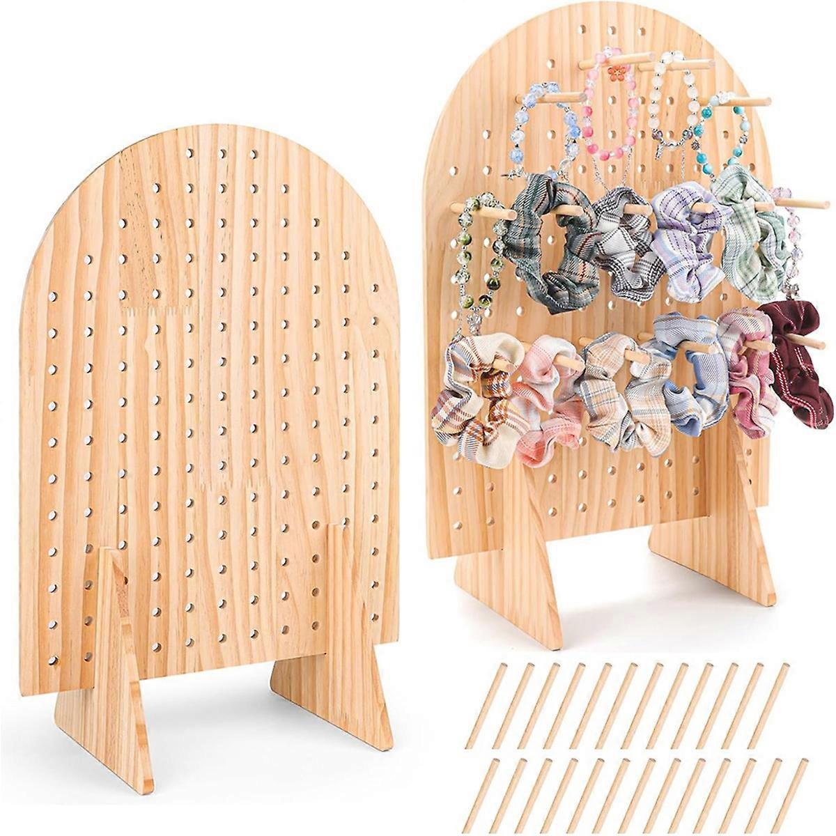 2 Pack Wooden Pegboard Display Stand with 25 Pcs Wood Dowel Rods, Oval Pegboard Stand for Jewelry,Pe