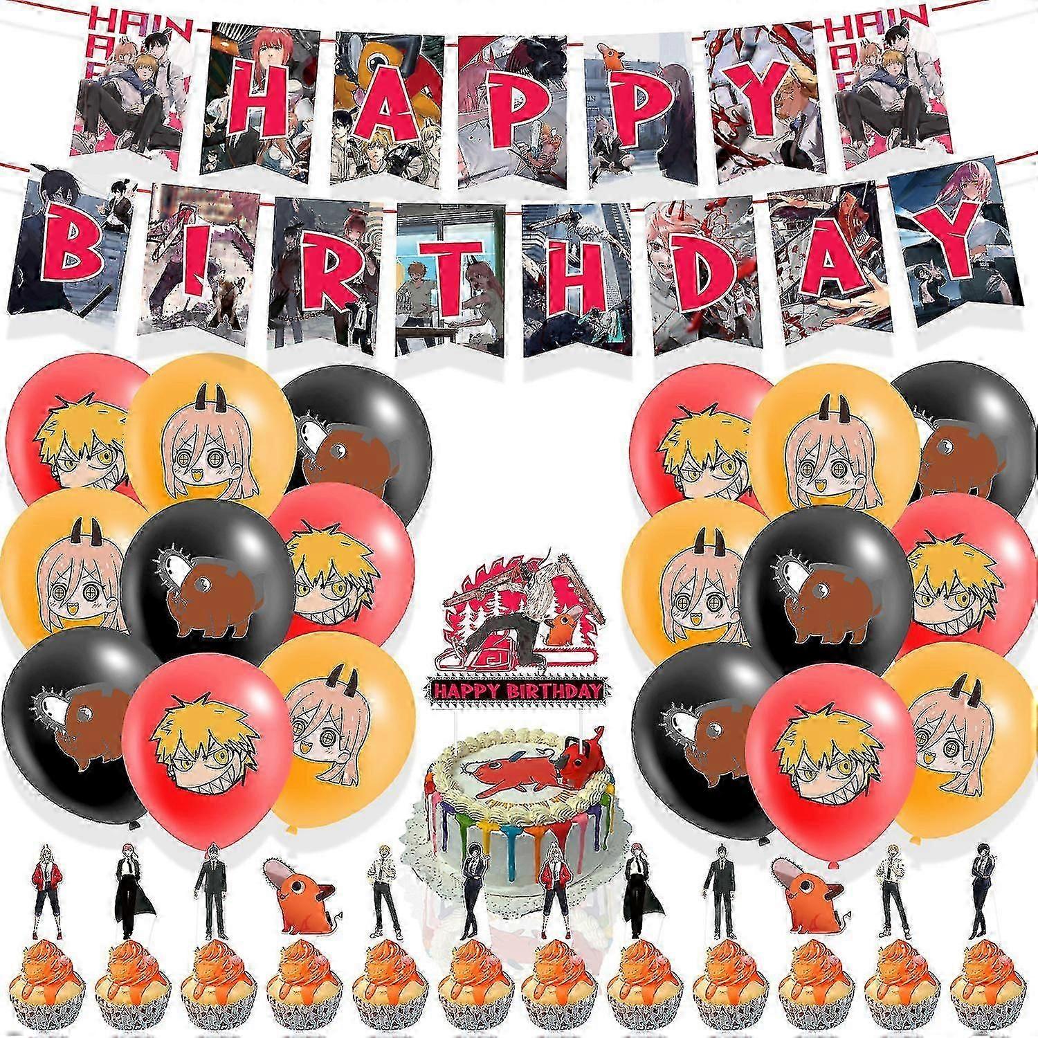 Chainsaw Man Thème Fête d’anniversaire Décorations Tronçonneuse Man Pull Tab Cake Insert Ballon Spiral Charm