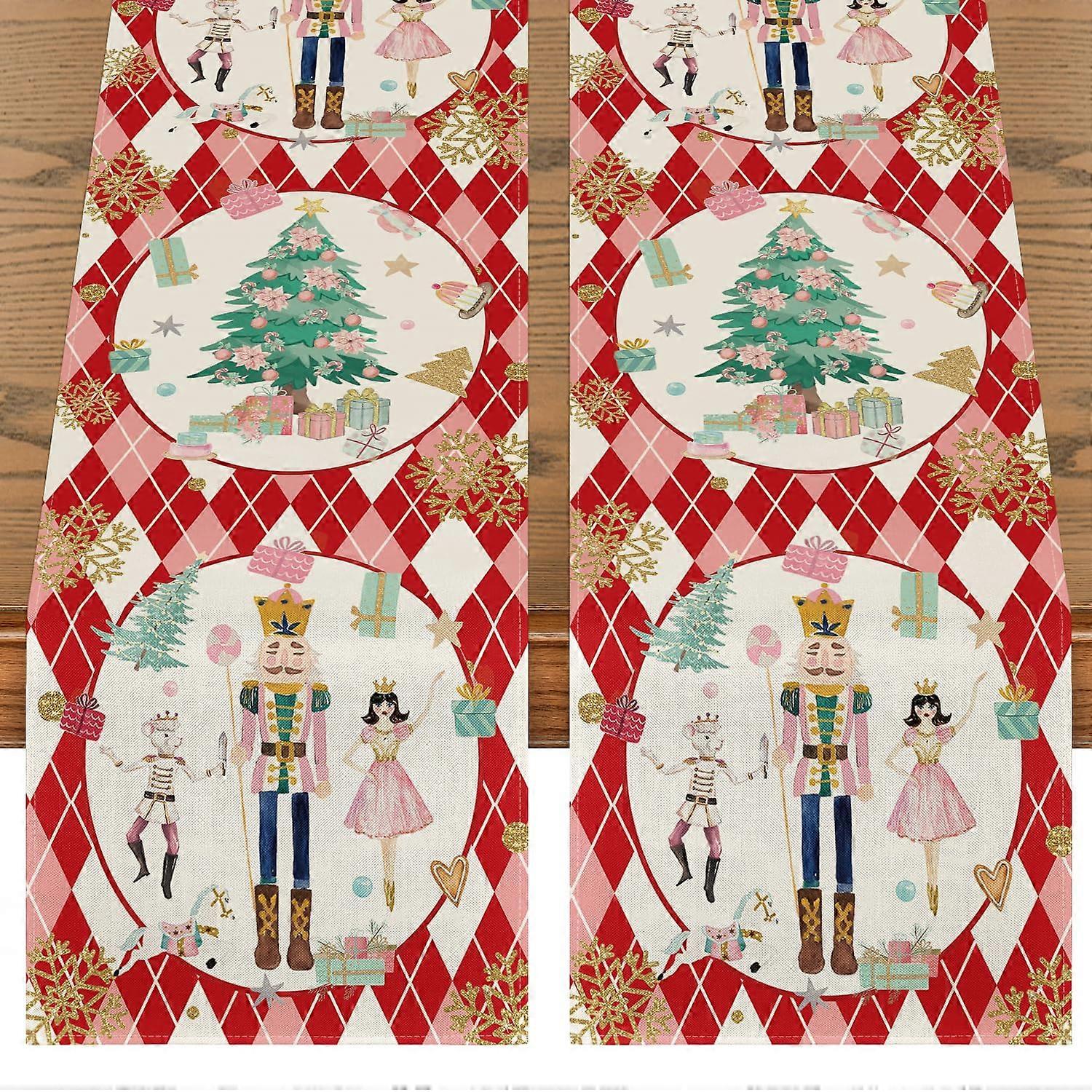 2 pcs chemin de table diamant rouge plaid casse-noisette flocon de neige pour décoration de table de Noël 13x72 pouces