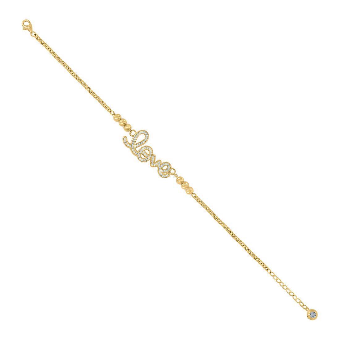 14Kイエローゴールドレディースキュービックジルコニアビーズラブチャームブレスレット8インチ14.3x30.8mm女性用ワイドチャームブレスレット