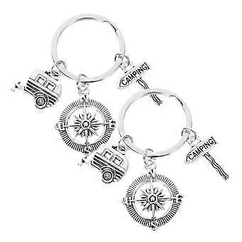 2pcs Compass and Sign Design Keyring Souvenir Key Holder Camping Theme Keychains Pendant Camper Gift Key Rings Craft Ornaments