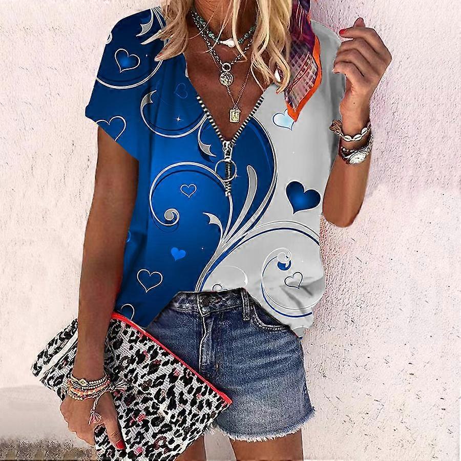 Top pentru femei Vară Modă nouă Trandafir Floare Frunze Model Imprimat Casual Fermoar Decolteu în V Manșon scurt Top