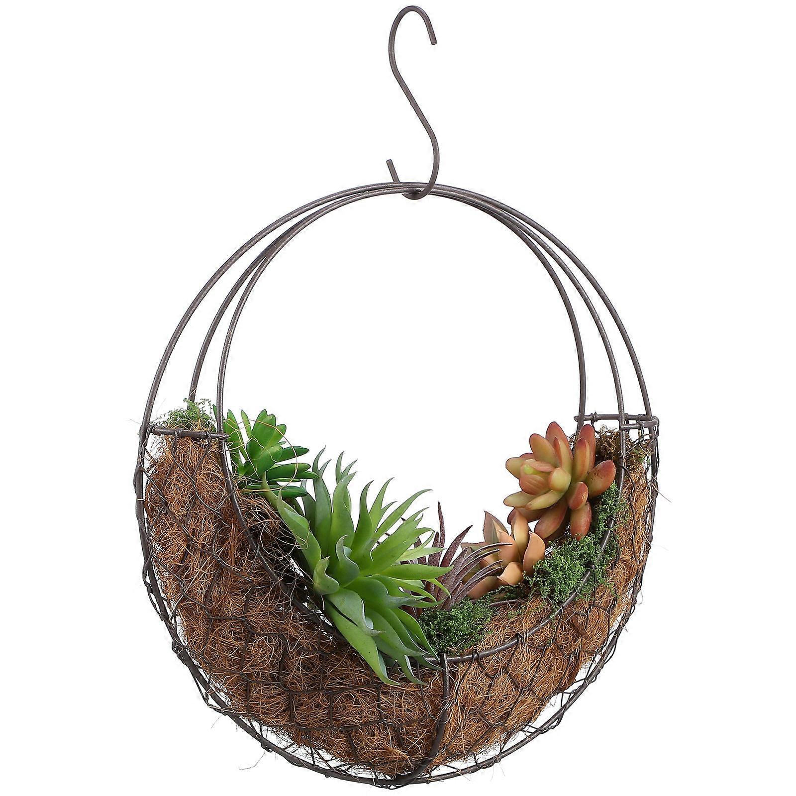月の形の吊り下げ多肉植物プランター、鉄線リースフレーム付き – 屋内および屋外の庭の装飾用の金属三日月バスケット – エレガントでロマンチックな植物