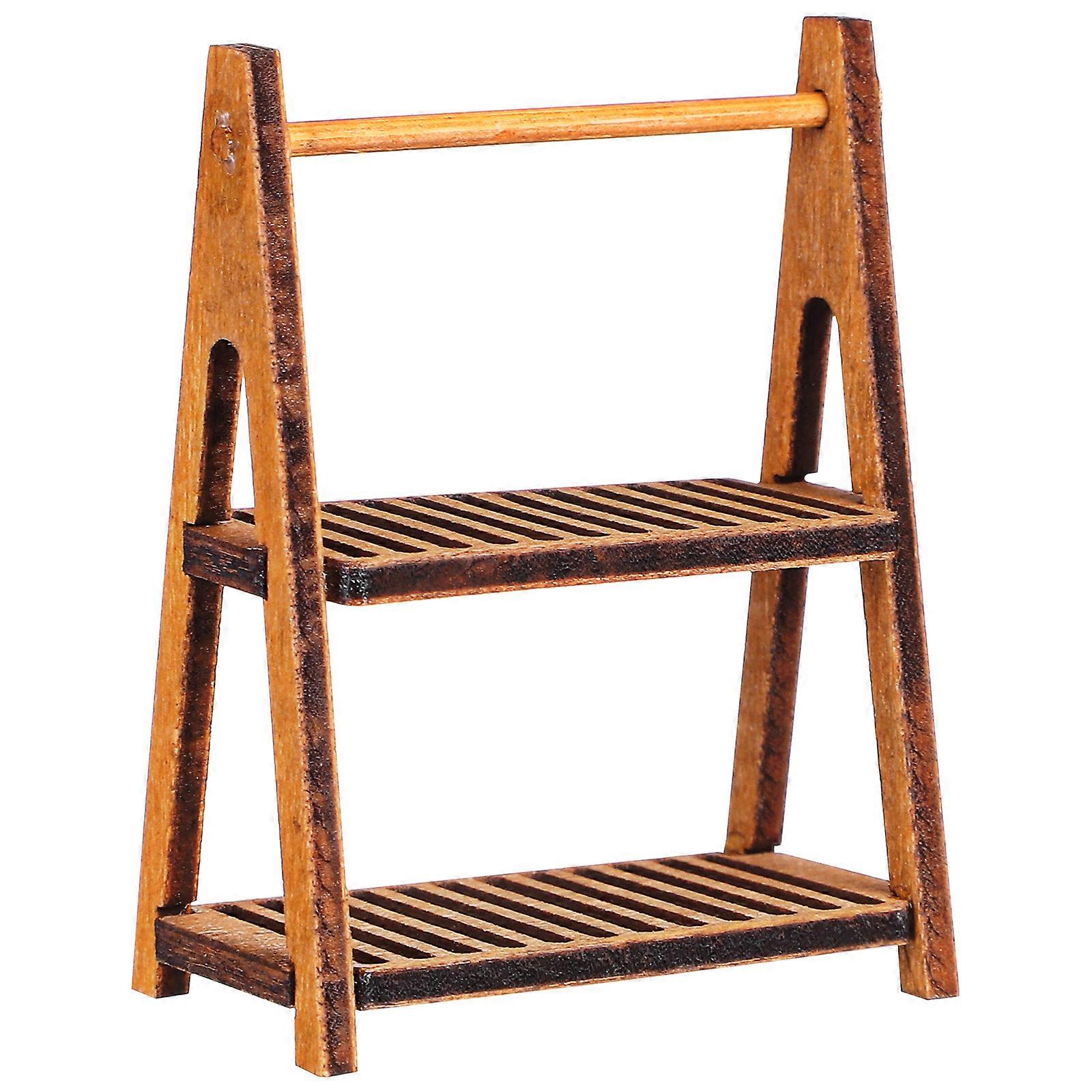 Miniature Storage Rack Dollhouse Accessories Double-layer Design High Simulation Effect Coffee Color Wood Material 1Pack