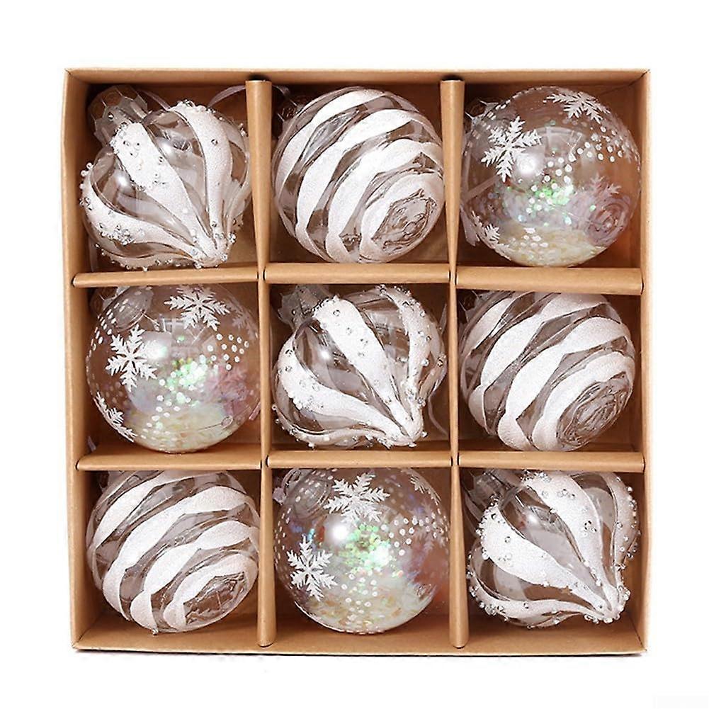 8cm Christmas Baubles Set With Hooks, 9 Transparent Glitter Baubles For Window Hanging, White For Tree Decorations