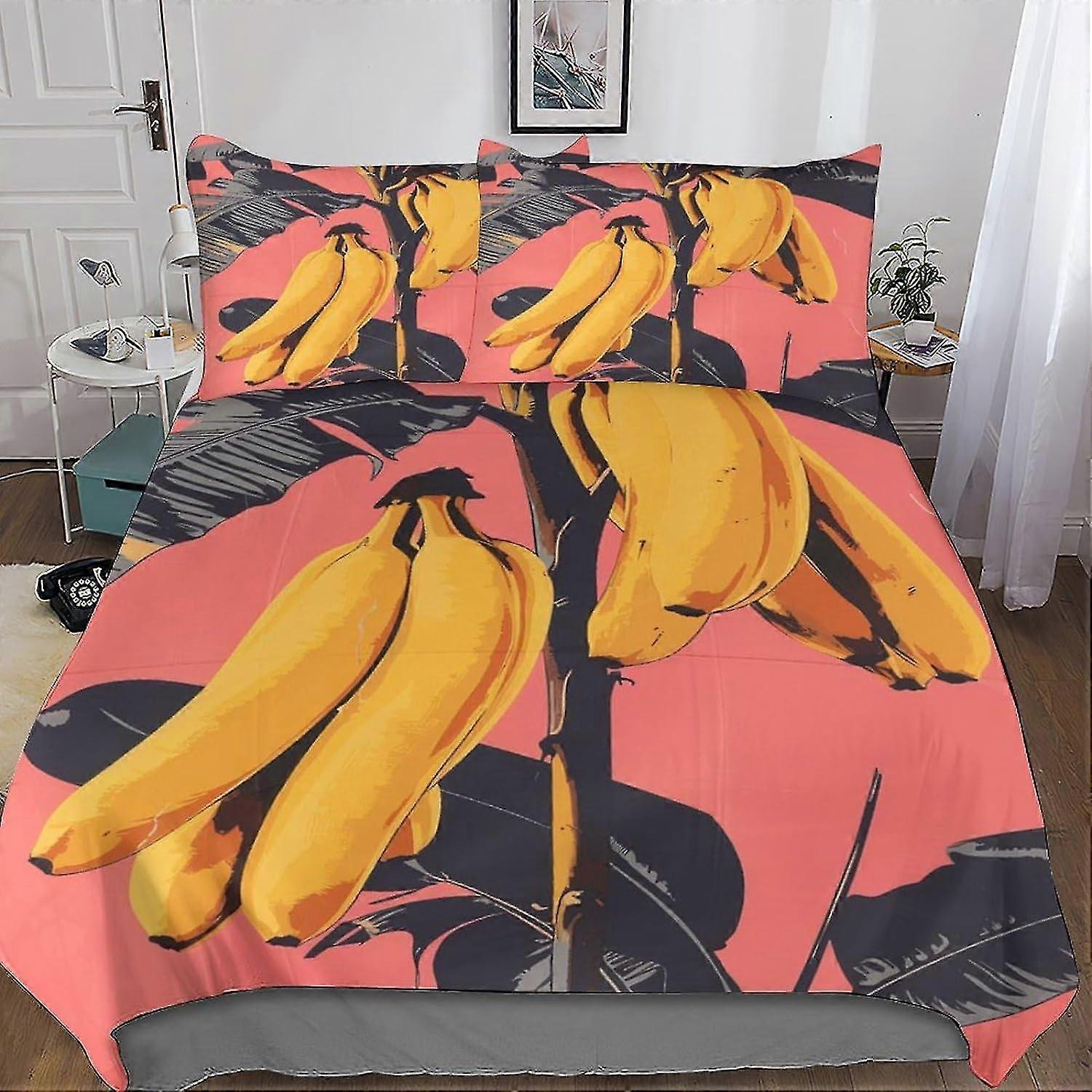 Conjunto de capa de edredão de banana impressa em 3D com microfibra e fecho de zíper oculto, adequado para crianças e adultos
