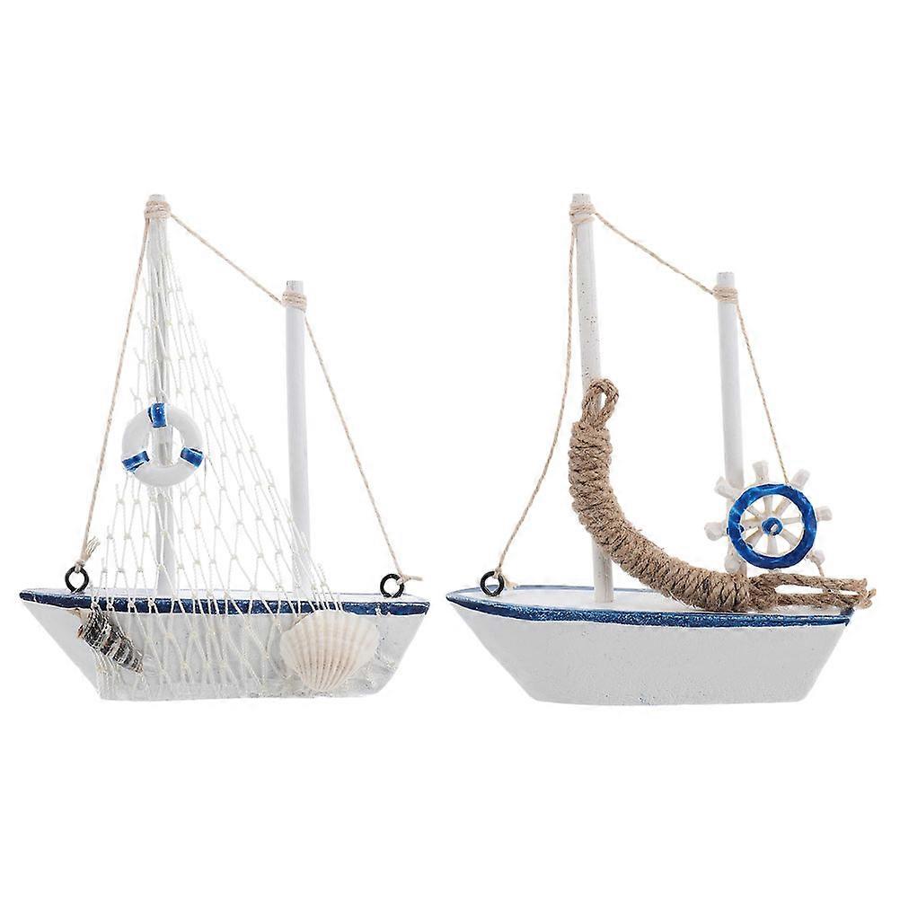 Model Sailboat Boat Decoration Mediterranean Style Wooden Design Motif Assorted Color 13.5x11cm 2Pcs