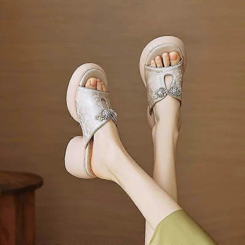 Chinese Style Silk Chunky Heel Slippers Women's Summer All-Matching Outer Wear Chinese Style Platform High Heel Sandals With Skirt