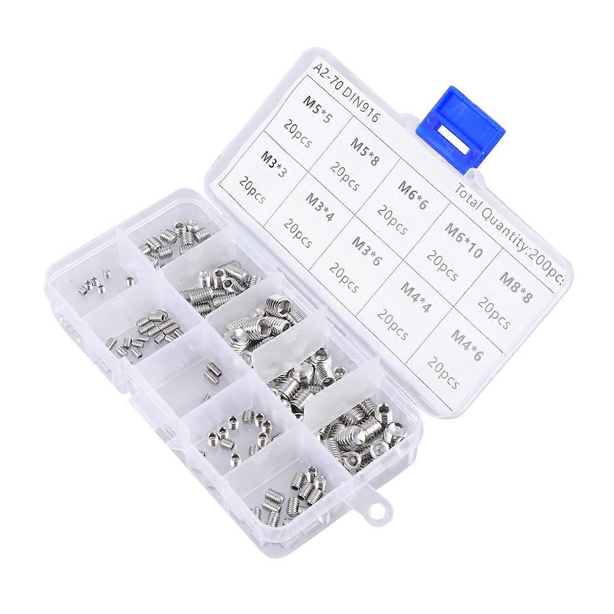 200pcs M8 304 Stainless Steel Metric Thread Grub Screw Flat Point Hexagon Socket Set Screws Headless Kit Silver