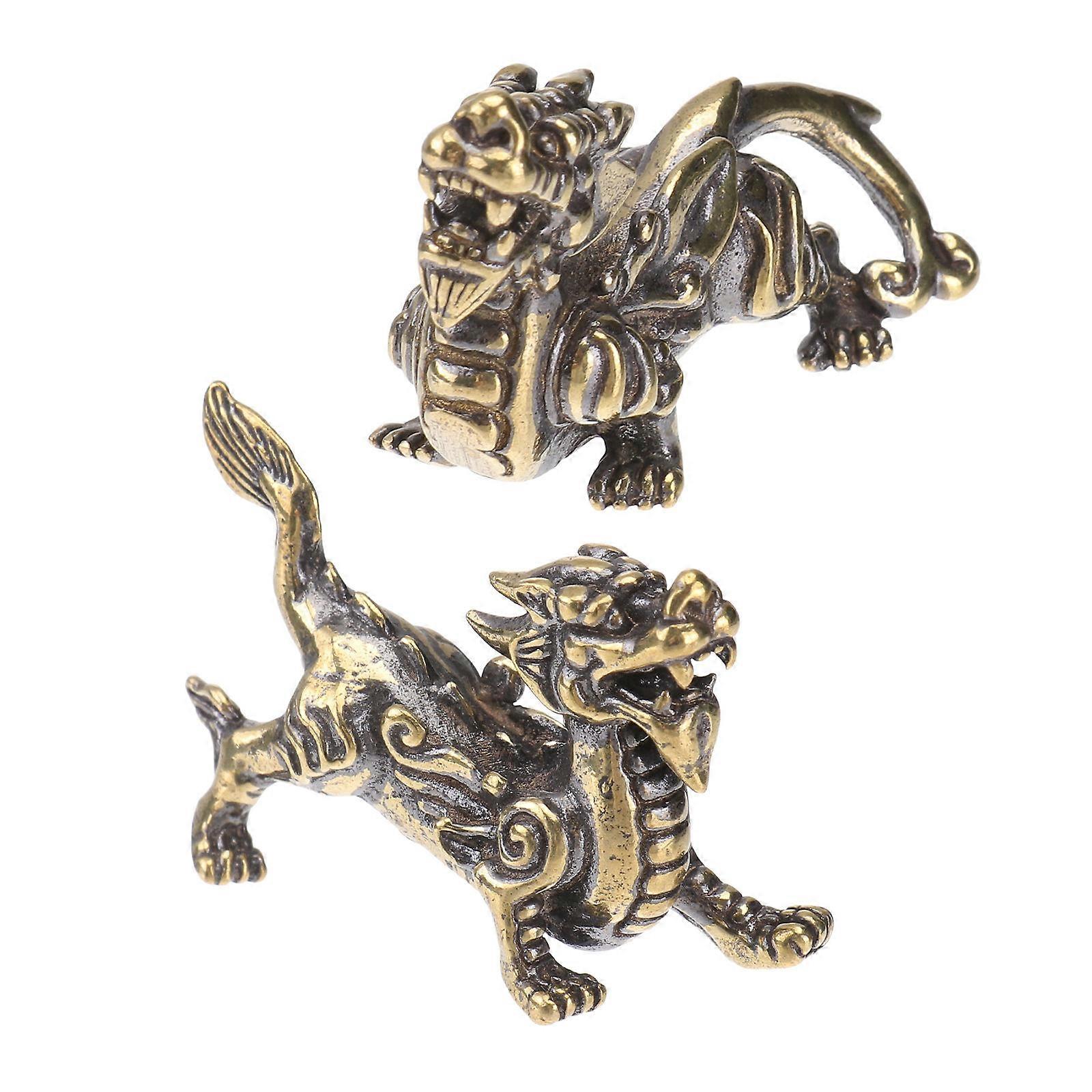 Golden Kylin Statue Decor for Home Desk Made of Brass with Creative Design 2 Pieces