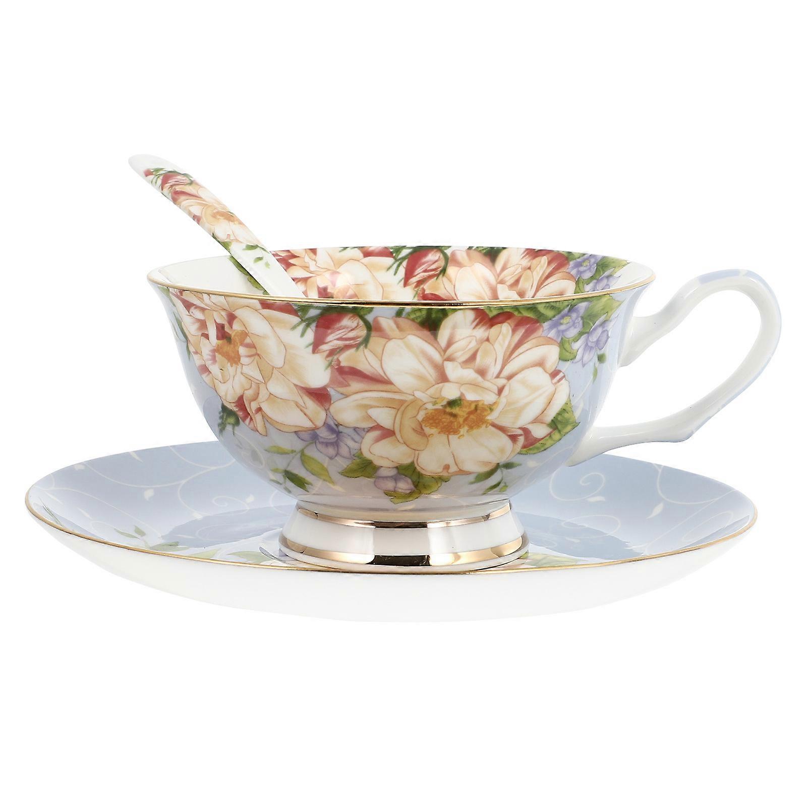 Conjunto de xícara de chá e pires de porcelana europeia de cores sortidas perfeito para ocasião de padaria Design redondo com colher 1 conjunto