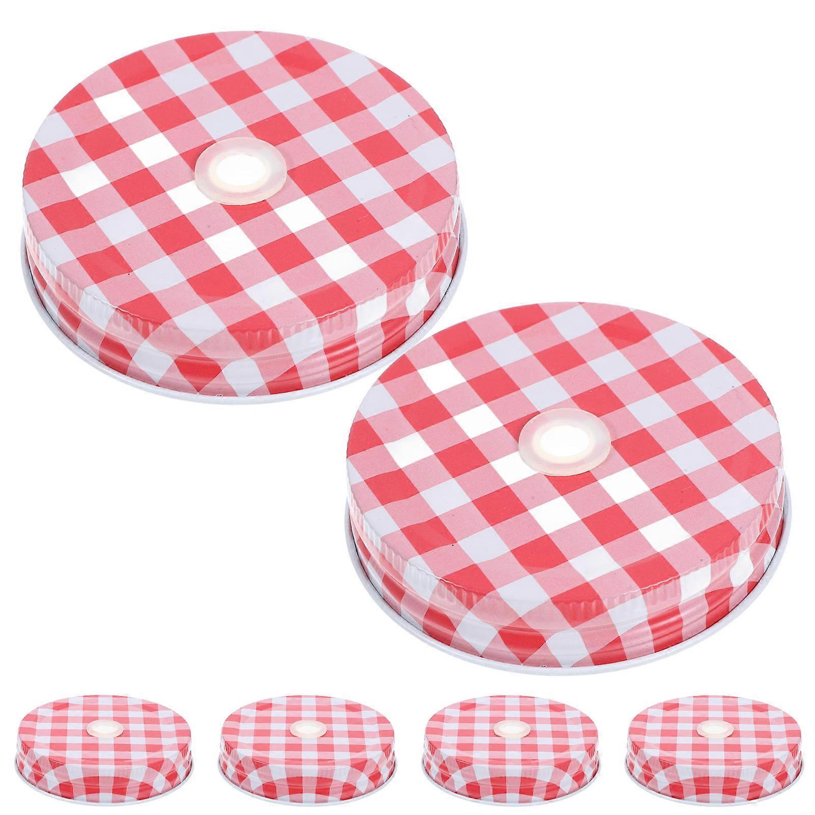6pcs Mason Jar Lids with Straw Hole, Stylish Checkered Design for Easy Drinking & Storage, Compatible with Wide Mouth Canning Jars for DIY & Beverage