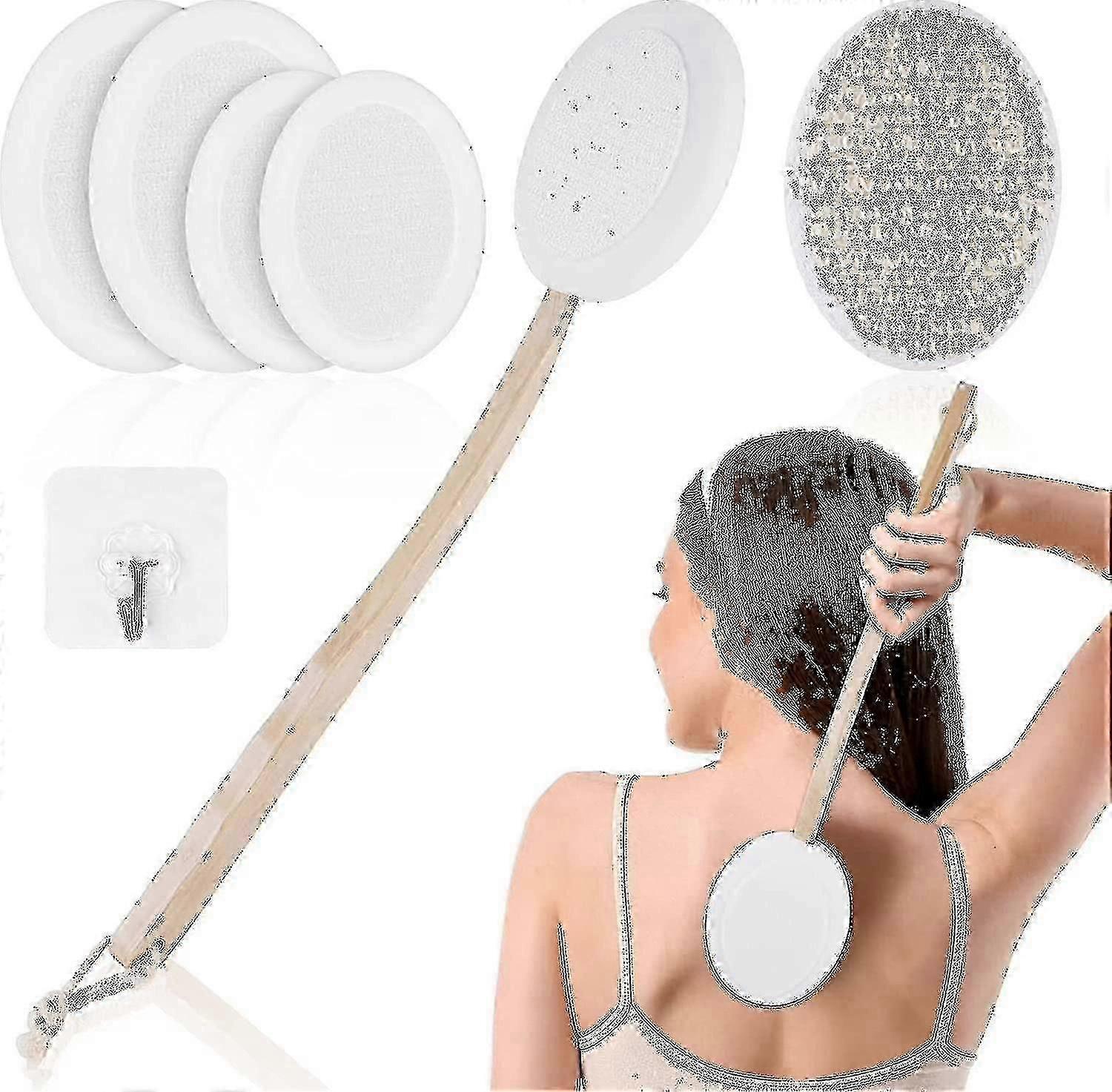 Back Lotion Applicator 7-Piece Set with Body Scrubber Brush and Eco-Friendly Wooden Handle for Self Care