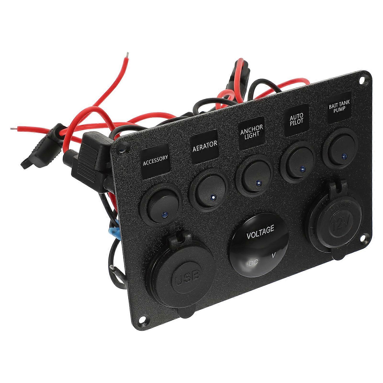 Button Car Switch Panel with USB Charger, Socket, Voltmeter, Multi Functional Control for Lights and Appliances, Compatible with Vehicles, Blue