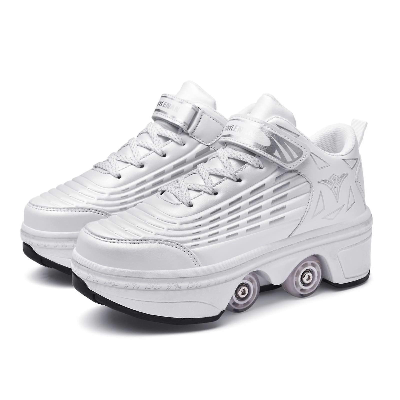 Rollschuhe Schuhe Für Kinder Und Erwachsene 2in1 Mehrzweckschuhe Doppelreihige Rollenräder Weiß UK 6.5
