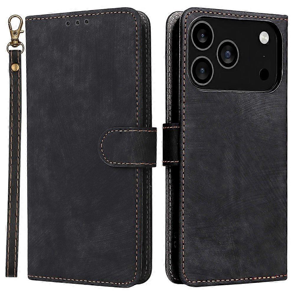 For iPhone 17 Pro Case Wallet PU Leather Phone Cover Stand with Strap