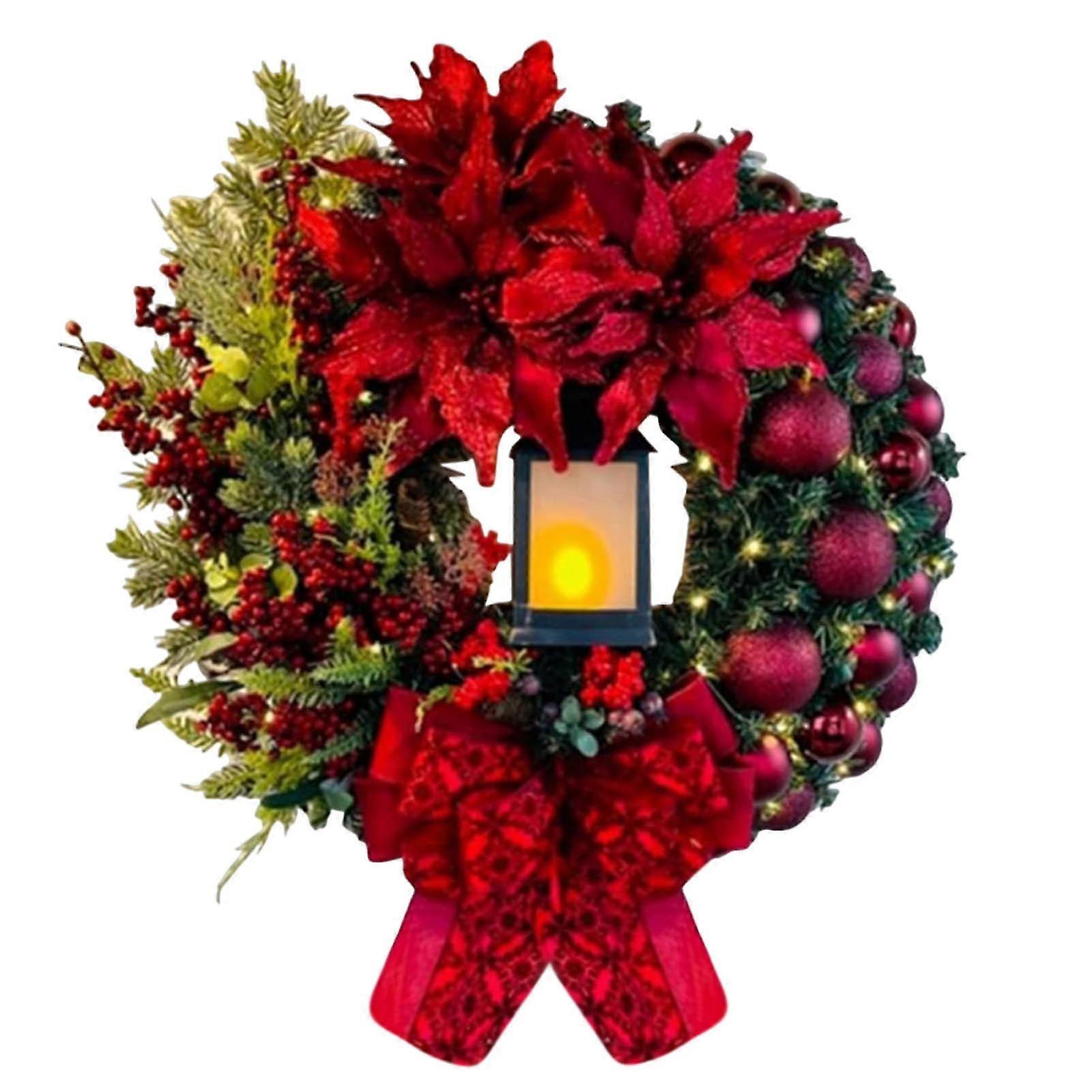 Large Red Christmas Wreath with Lights and Bow for Front Door Decoration with Balls