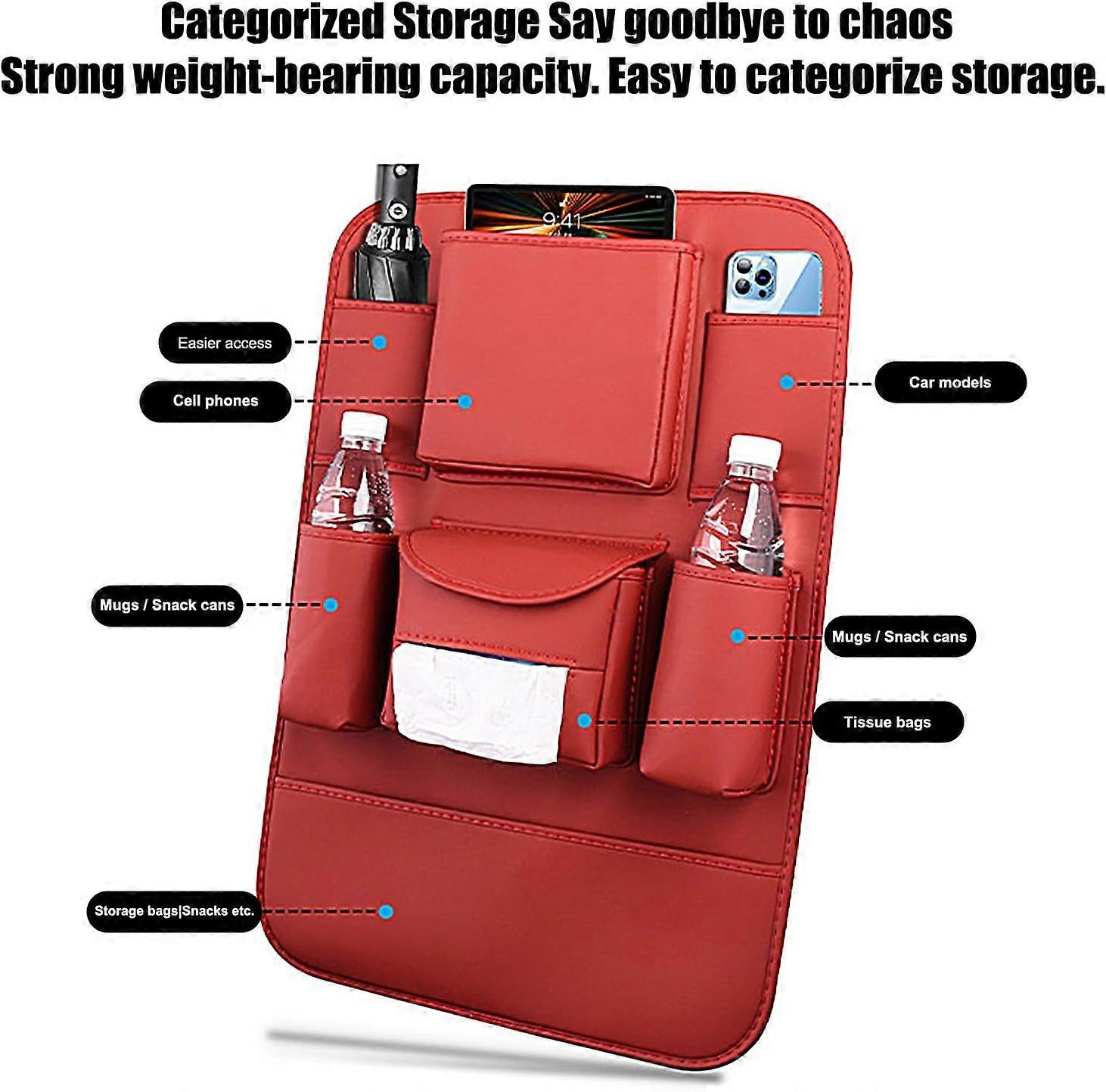 Backseat Storage Organizer Box - Multi-Function Car Storage Bag with Pockets, Easy Clean Anti-Kick Pad Protector, Red for Sedan and Truck