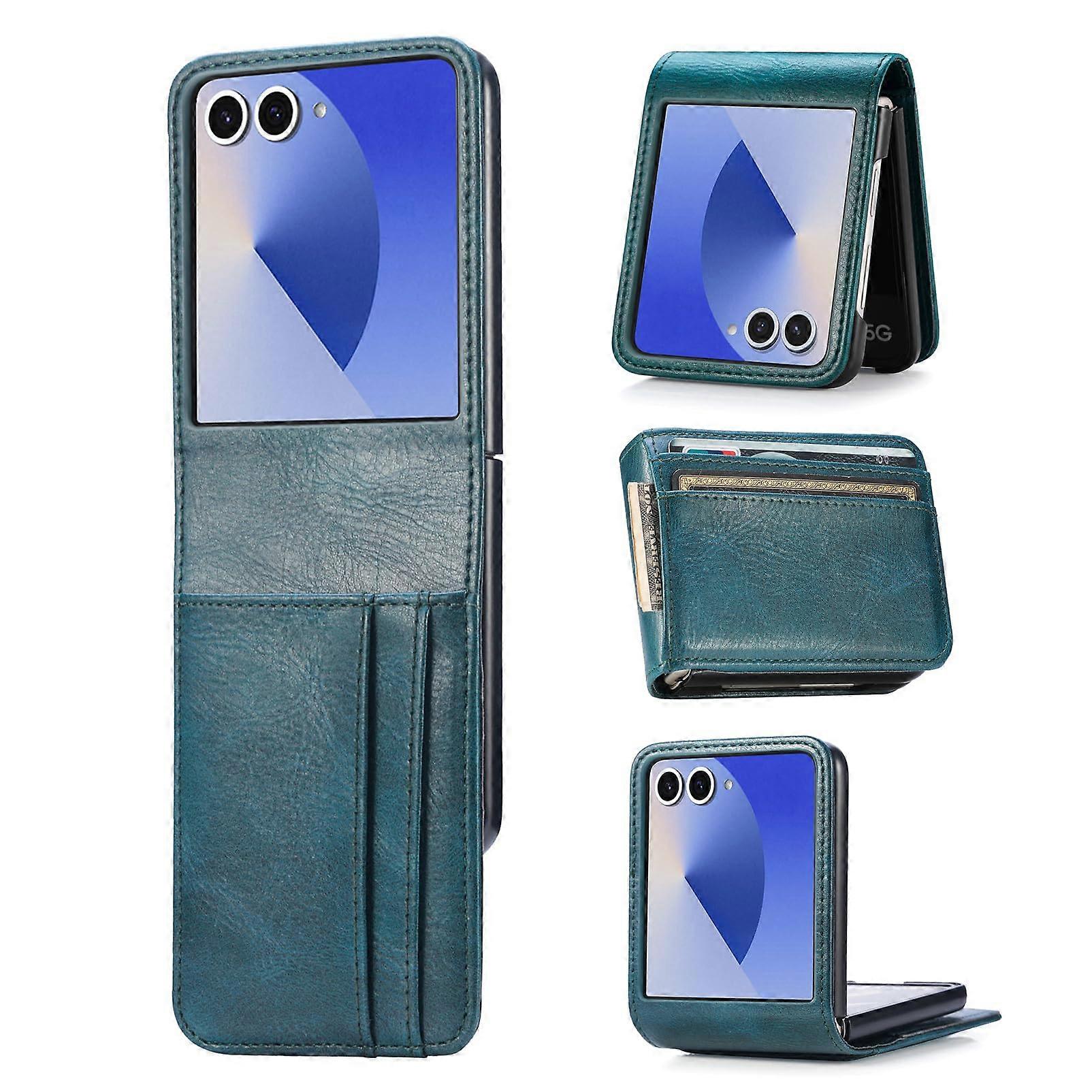 Wallet Case for Samsung Galaxy Z Flip 7 With Card Holder, Shockproof Hybrid PC Bumper, Leather Shell, Blue