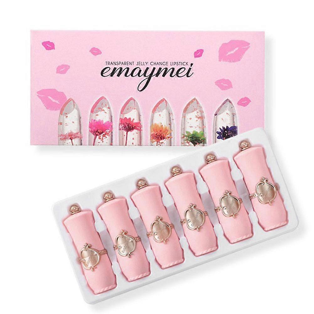 Moisturizing Color-Changing Lipstick Set with Built-In Flower Design 6 Pieces Jelly Texture Waterproof Lip Care