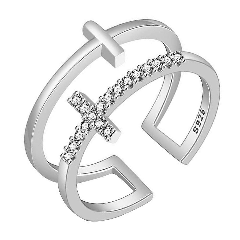 2Pcs Adjustable Cross Ring Rhinestone Ring for Decoration Silver Jewelry