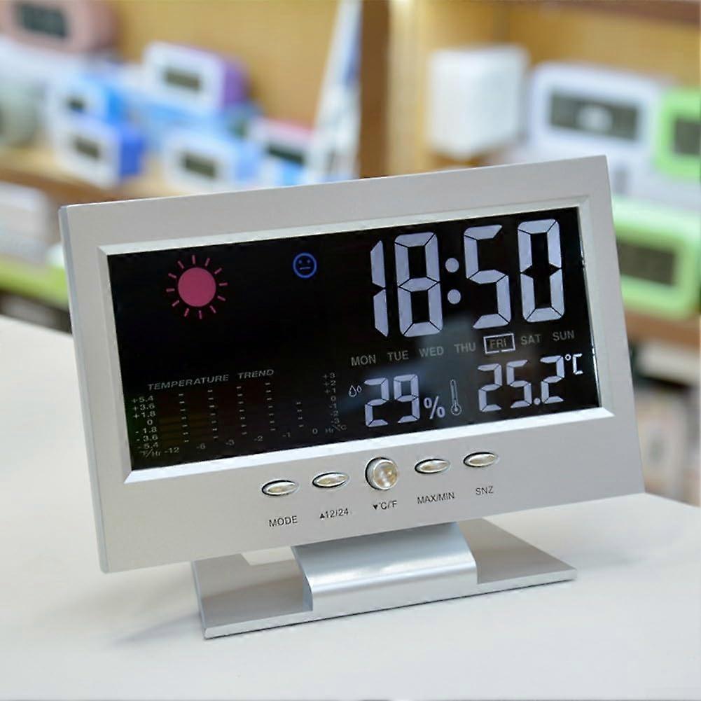 LCD Digital Temperature and Humidity Monitor Station With Alarm Clock And Voice Controlled Backlight Silver Color