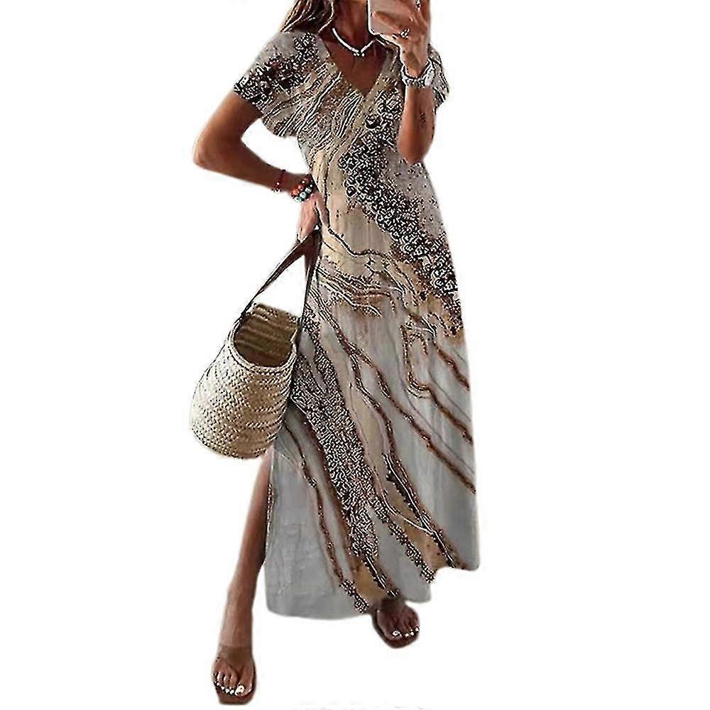 Bayan Baskılı Kısa Kollu Maxi Uzun Elbise V Yaka Gevşek Yarık Elbiseler Artı Boyut