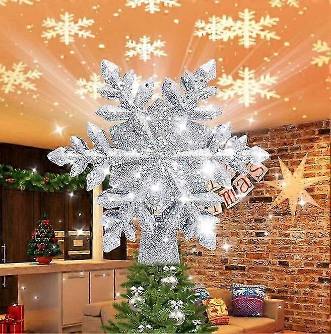 25-26 Christmas Star Tree Topper with Built-in Led Snowflake Projector Lights Hollowed Topper