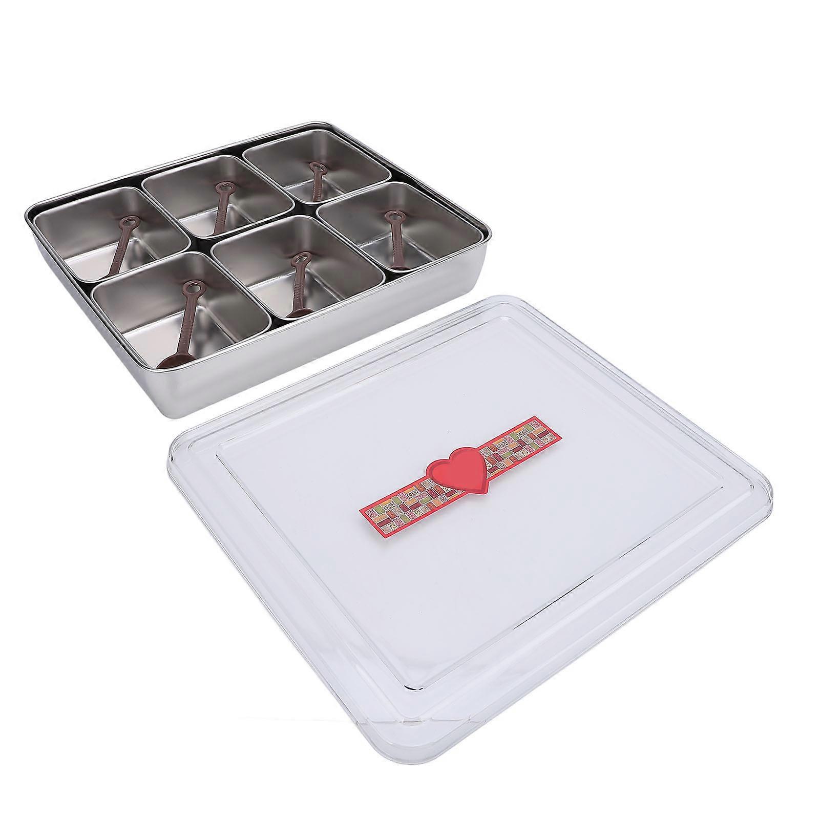 Divided Serving Tray with 6 Spoons 6 Compartments Large Capacity Divided Condiments Box for Fruit Stainless Steel 