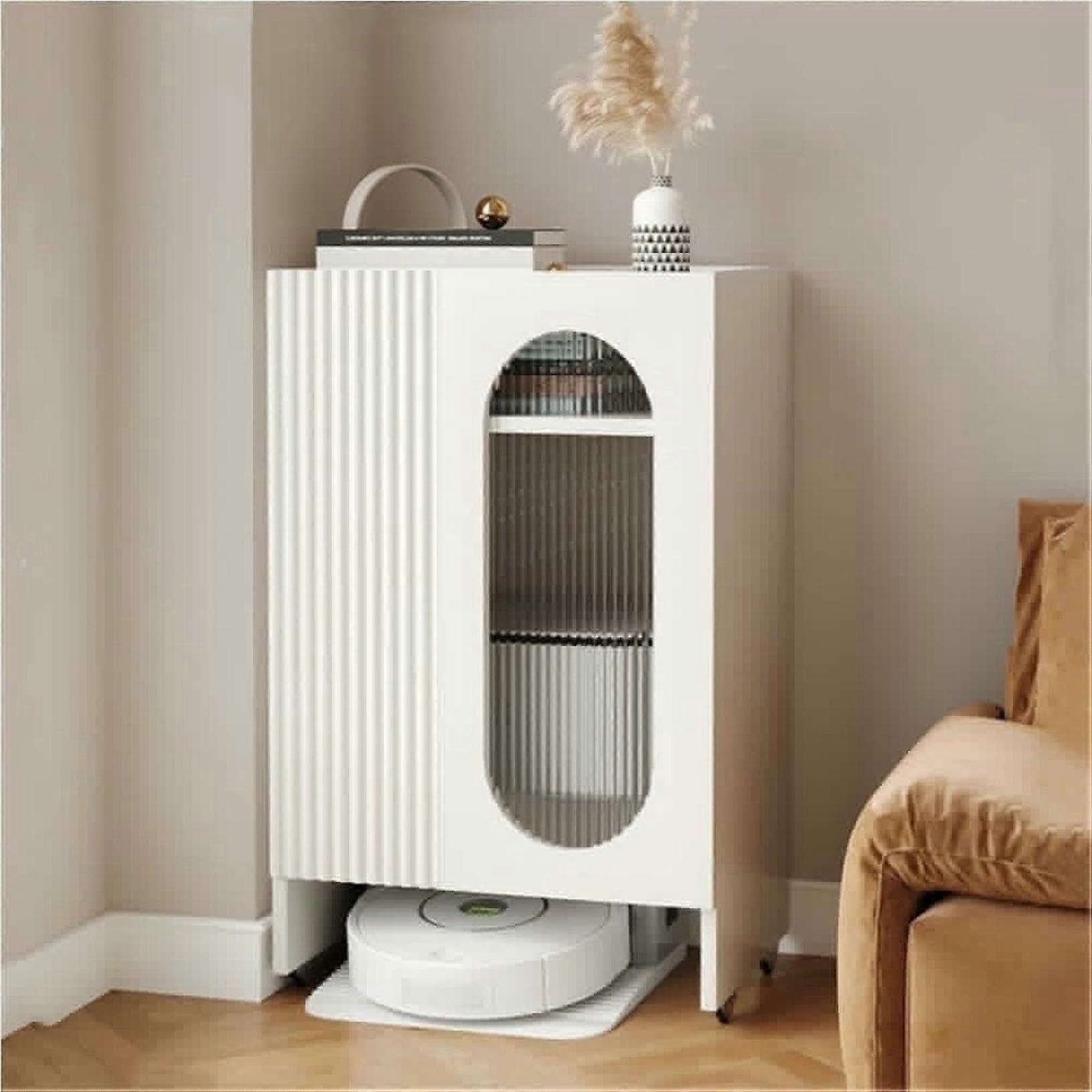 Sweeping Robot Storage Cabinet With Tempered Glass Door, White, Robot Vacuum Compatible Mobile Organizer With Shelves
