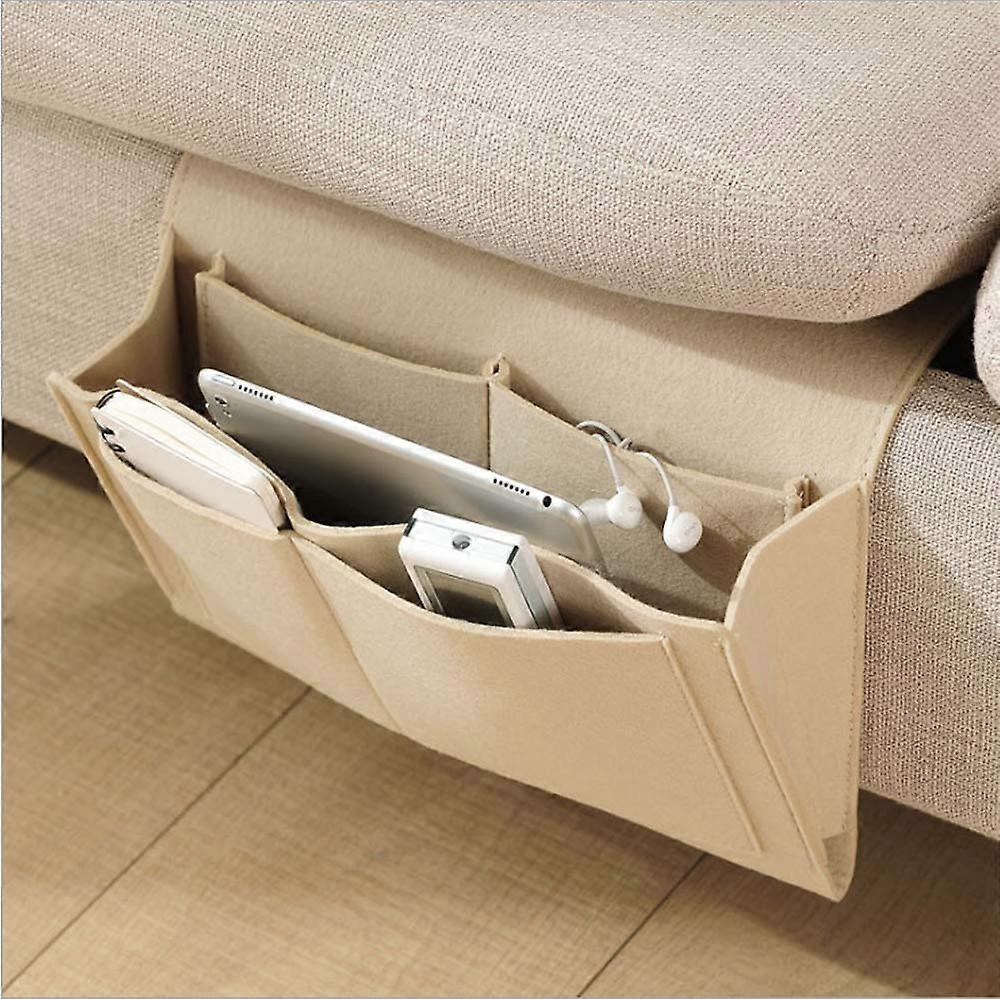 Bedside Storage Caddy Felt Organizer with 5 Pockets for Sofa or Bed Magazines Remote Beige