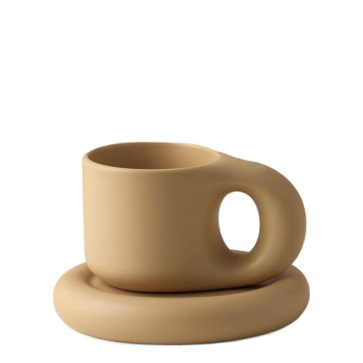 Ceramic Coffee Cup Set with Chubby Handles, 9oz Latte Cups and Matching Saucers for Home or Office