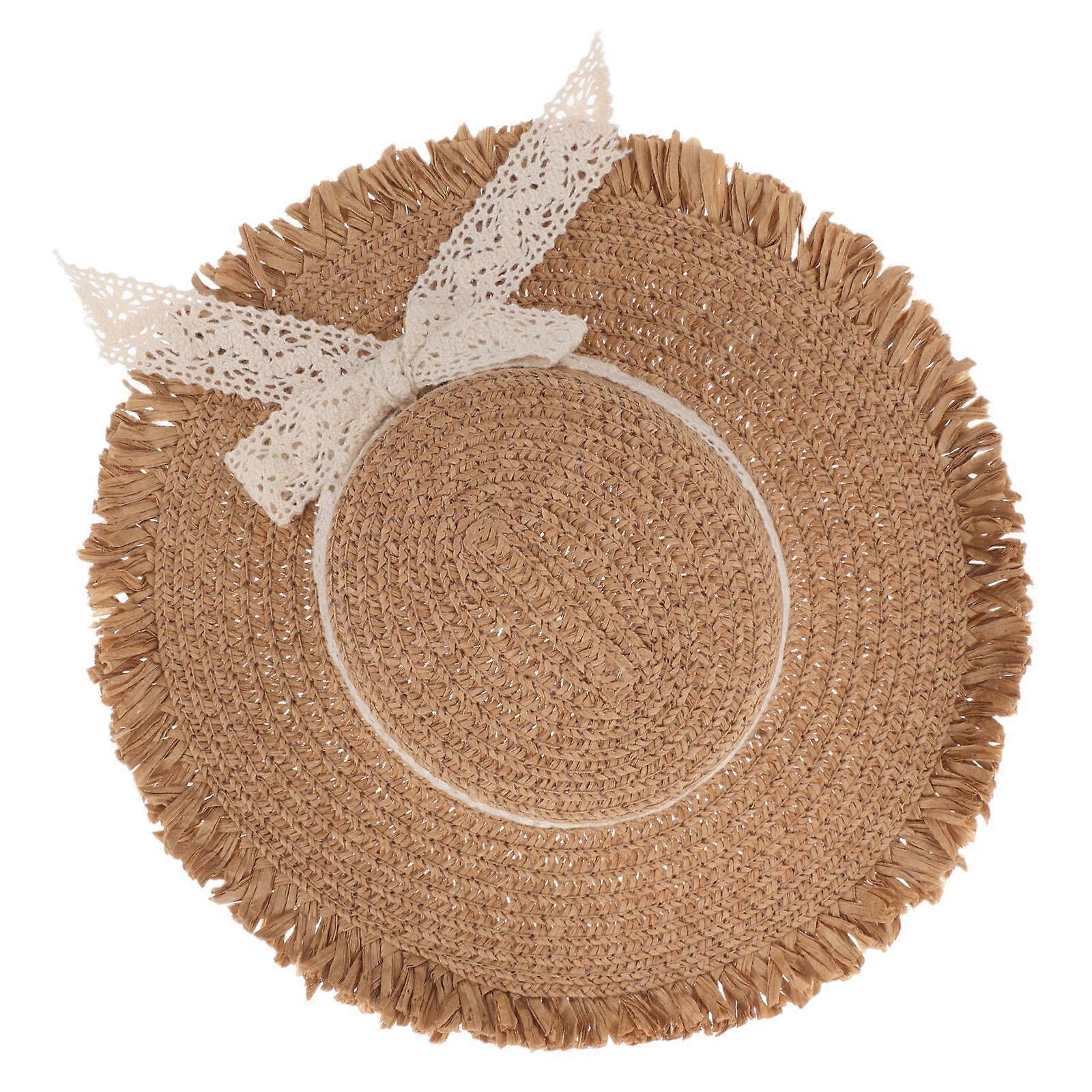 Foldable Miniature Woven Doll Hat with Lace Bow for Doll