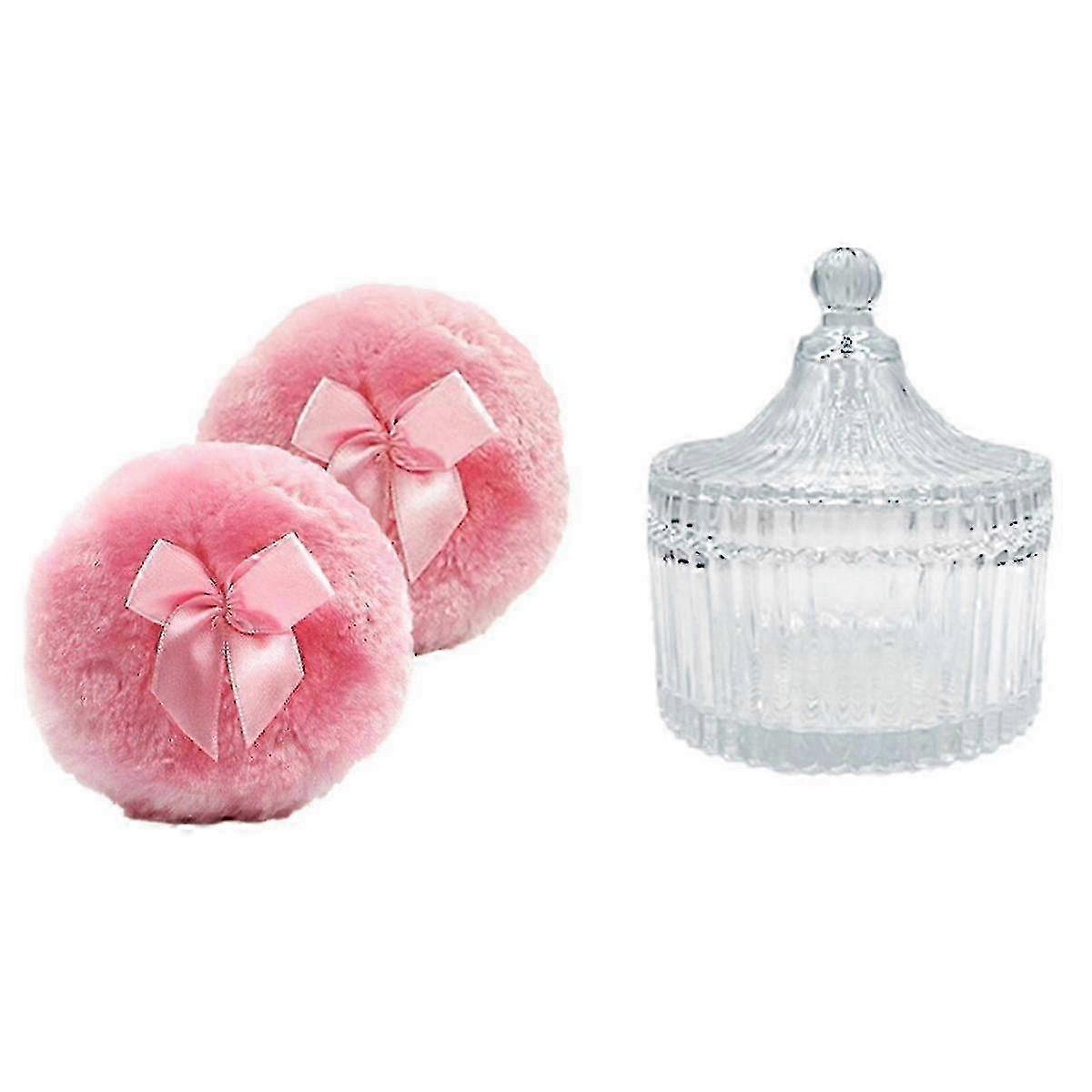 3Pack Large Body Puff and Containers Powder Containers with Bubble Crystal Containers SoftPink SZRH