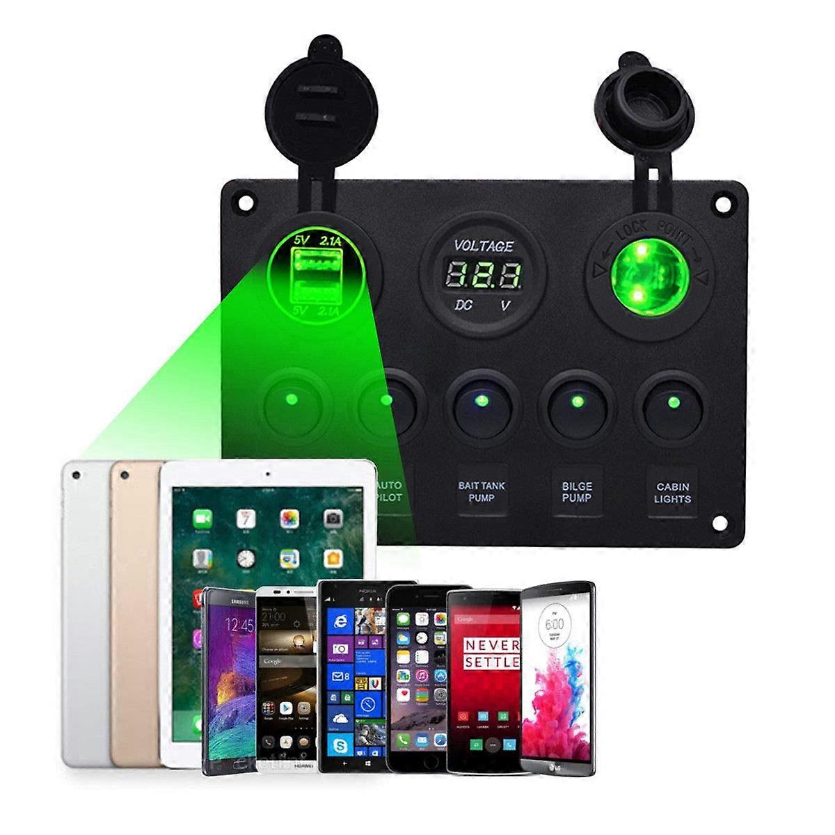 Boat Switch Panel 5 Gang Toggle with Dual USB Charger 2.1A, Voltmeter, Cigarette Socket for Car Marine RV Truck