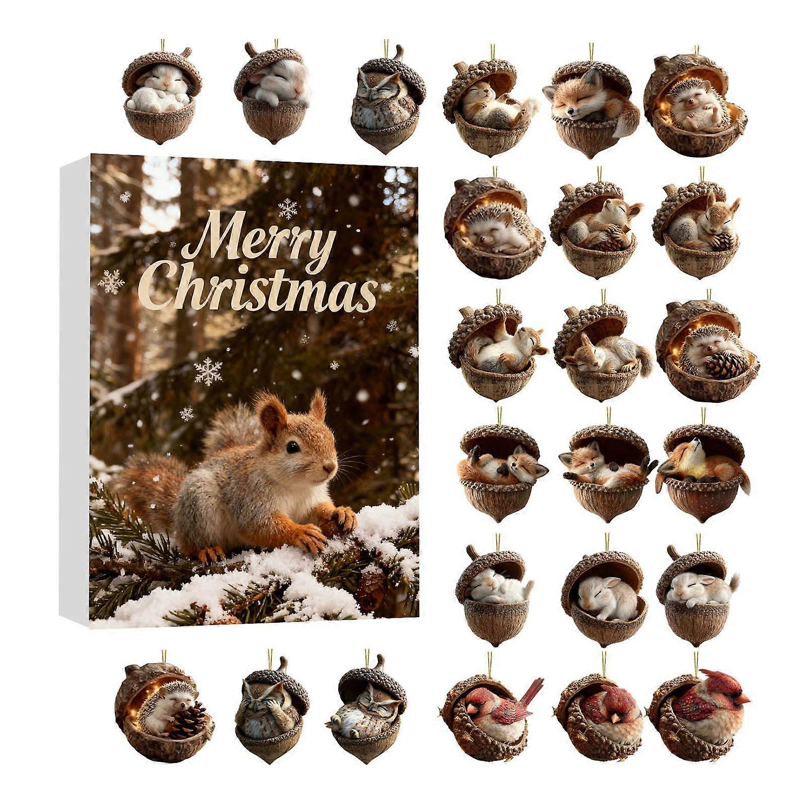 2025 Forest Animal Acorn Ornaments Advent Calendar 2D Acrylic Cozy Forest Christmas Ornaments Set Pinecone Animal Countdown Decoration for Xmas Tree
