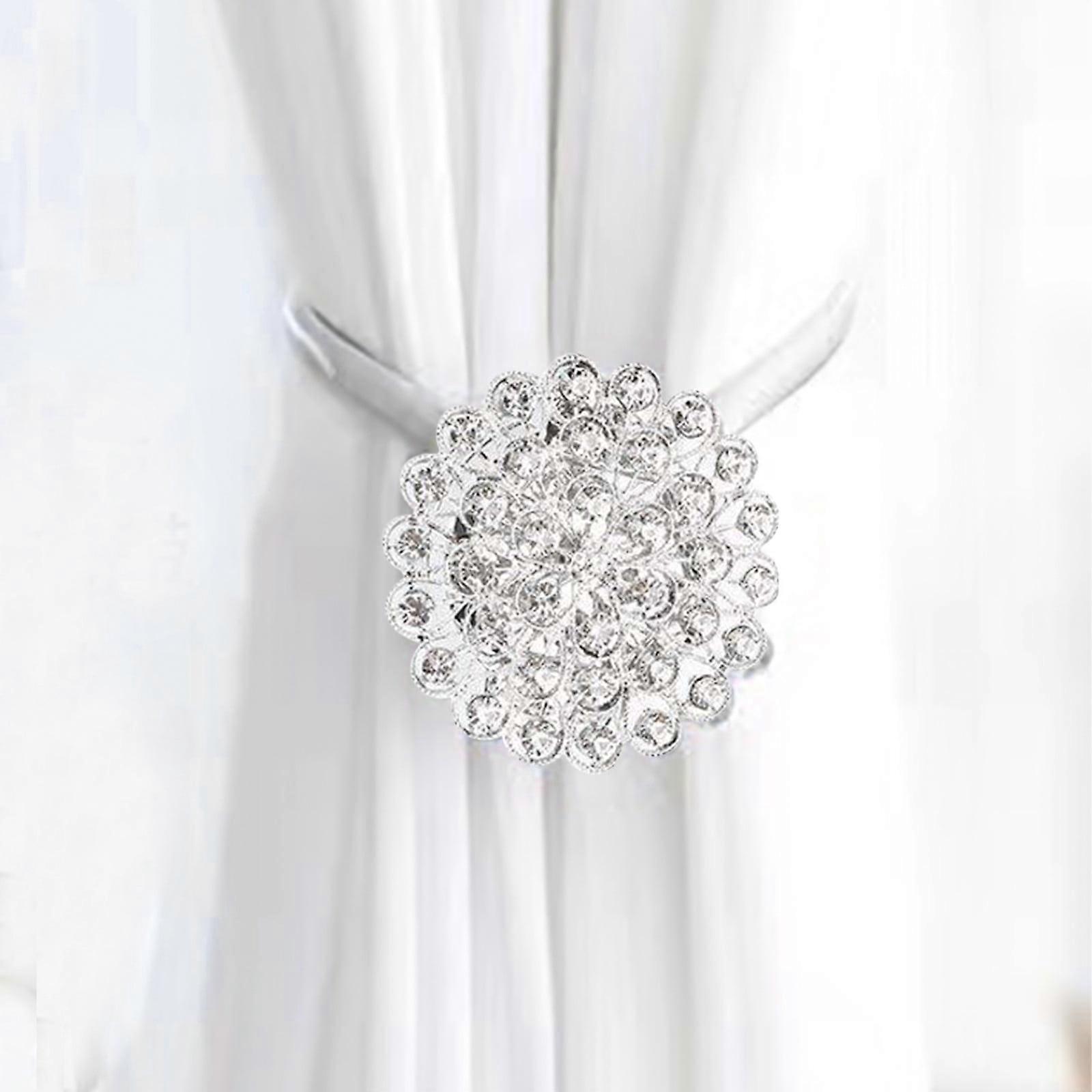 RnemiTe-amo Magnetic Tiebacks for Curtains, 1pc Sparkling Crystal Flower Clips with High-Elastic Spring Wire (Sliver)