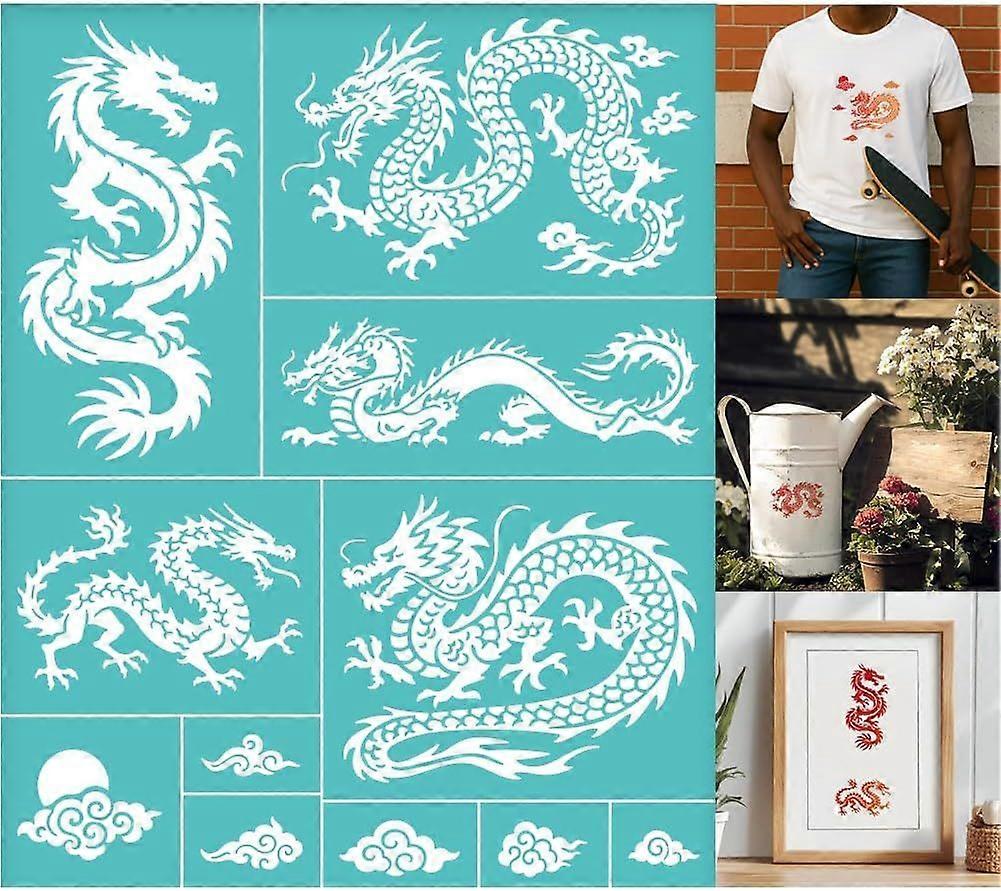 2 Sheets Silkscreen Stencil The Eastern Dragon and Auspicious Cloud Printing Stencils Templates Reusable Self-Adhesive Silk Screen for Painting on Wal